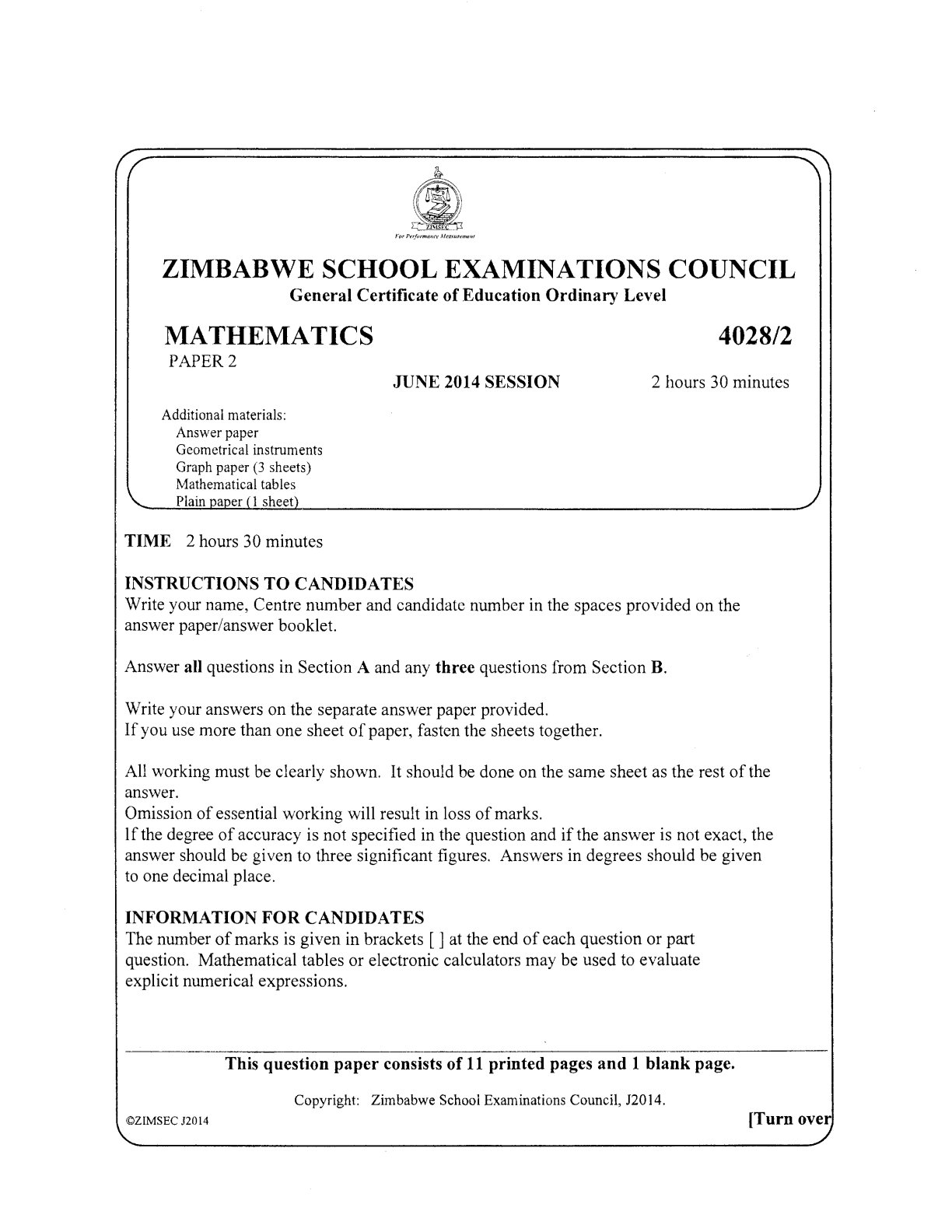 First page of ZIMSEC O-Level Mathematics Paper 2 June 2014 Question Paper