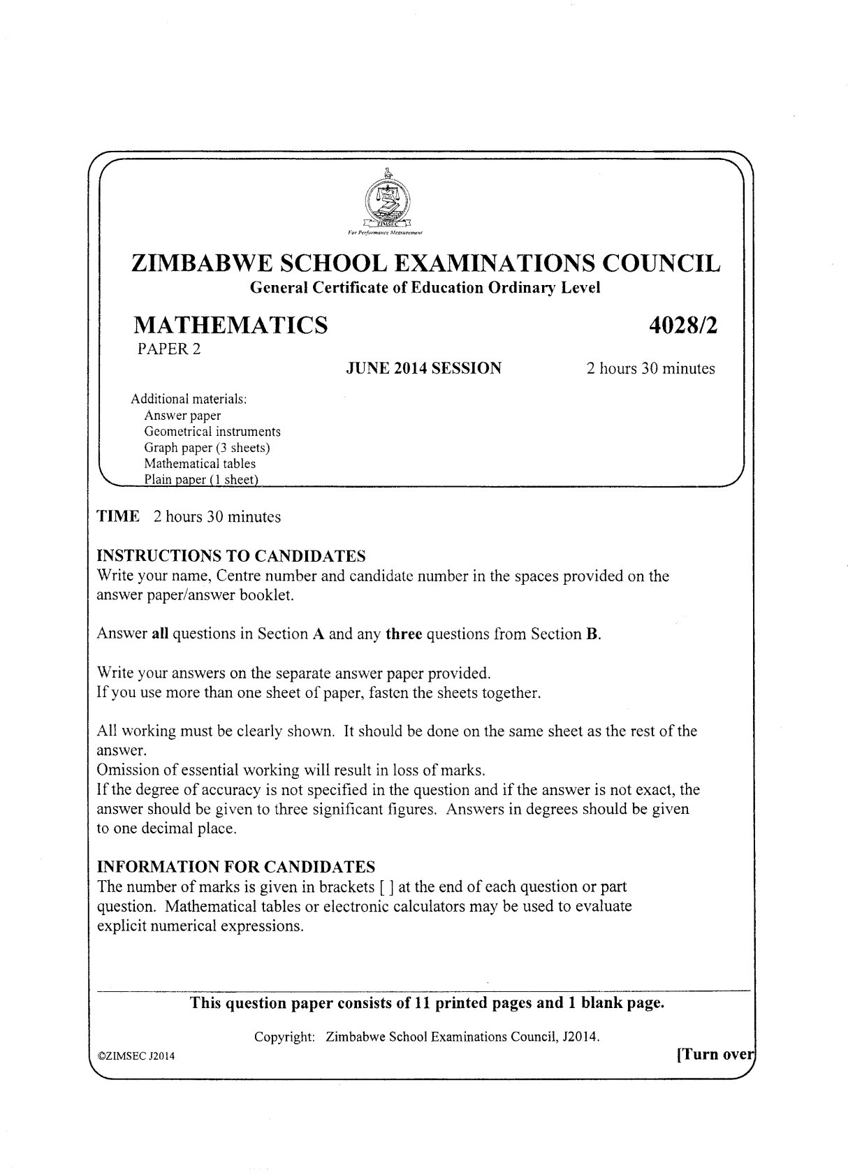 First page of ZIMSEC O-Level Mathematics Paper 2 June 2014 Question Paper