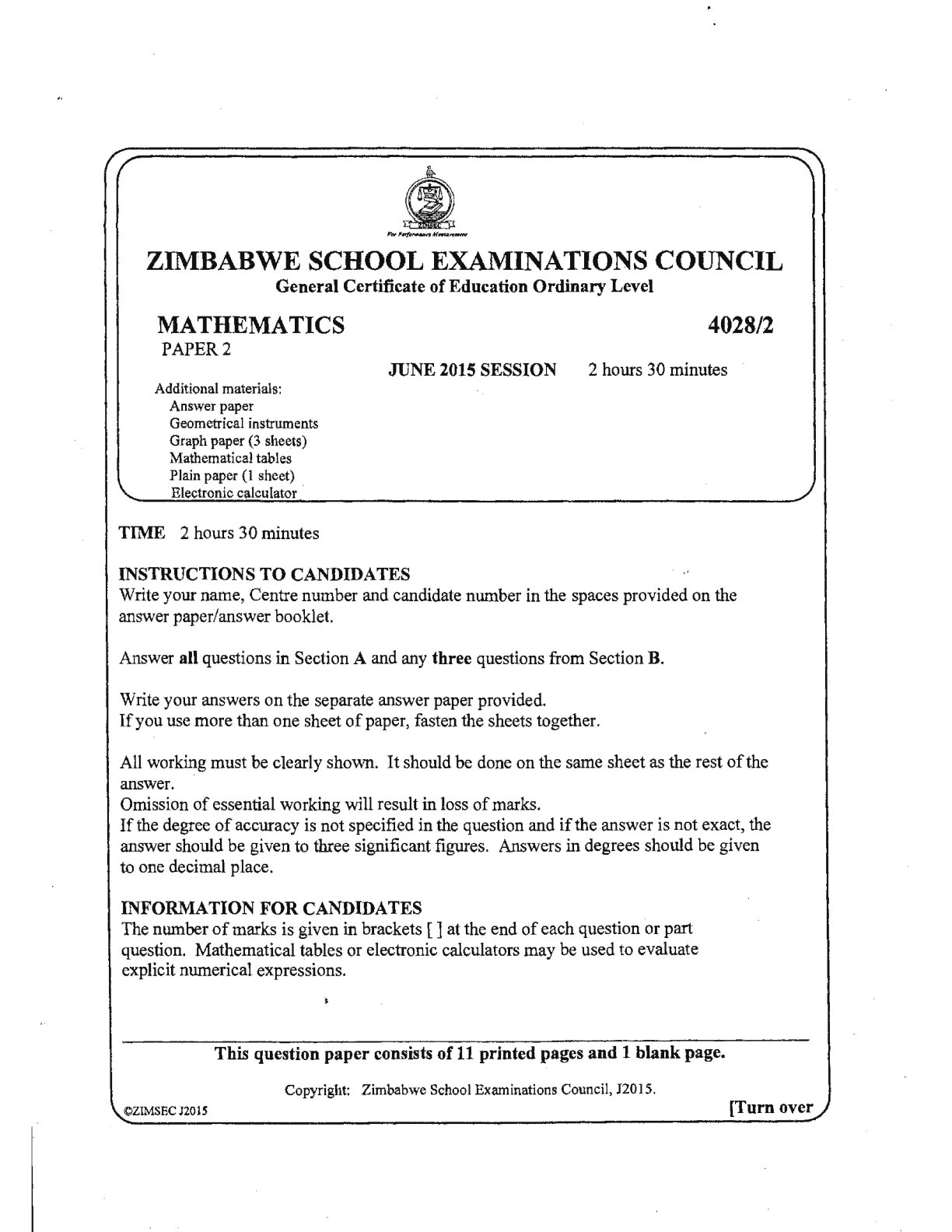 First page of ZIMSEC O-Level Mathematics Paper 2 June 2015 Question Paper