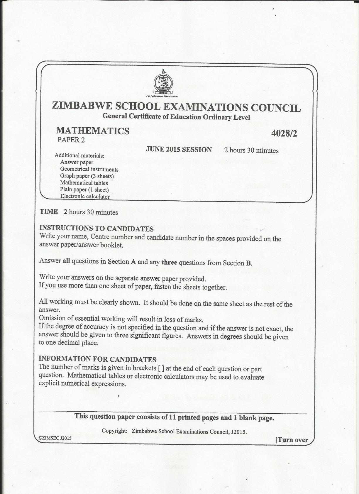 First page of ZIMSEC O-Level Mathematics Paper 2 June 2015 Question Paper