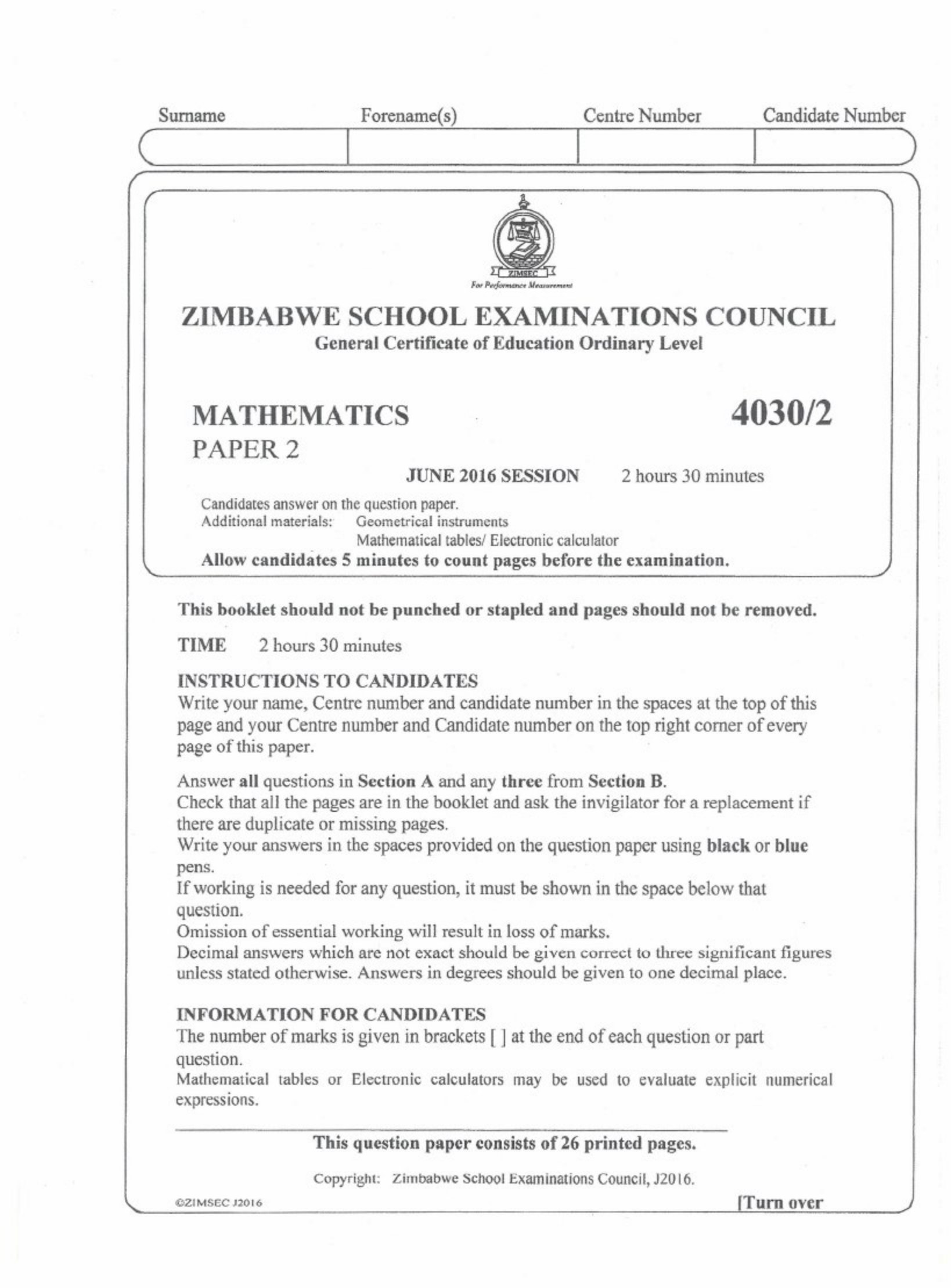 First page of ZIMSEC O-Level Mathematics Paper 2 June 2016 Question Paper