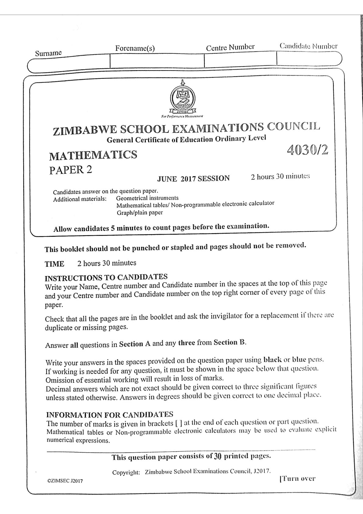 First page of ZIMSEC O-Level Mathematics Paper 2 June 2017 Question Paper