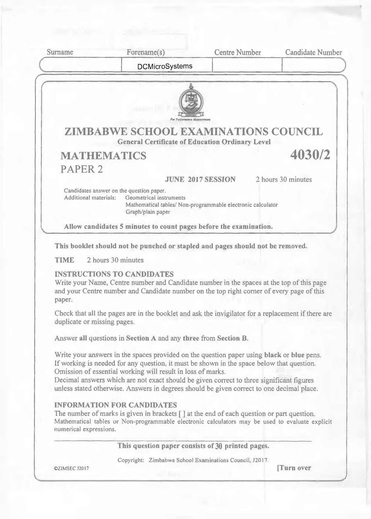 First page of ZIMSEC O-Level Mathematics Paper 2 June 2017 Question Paper