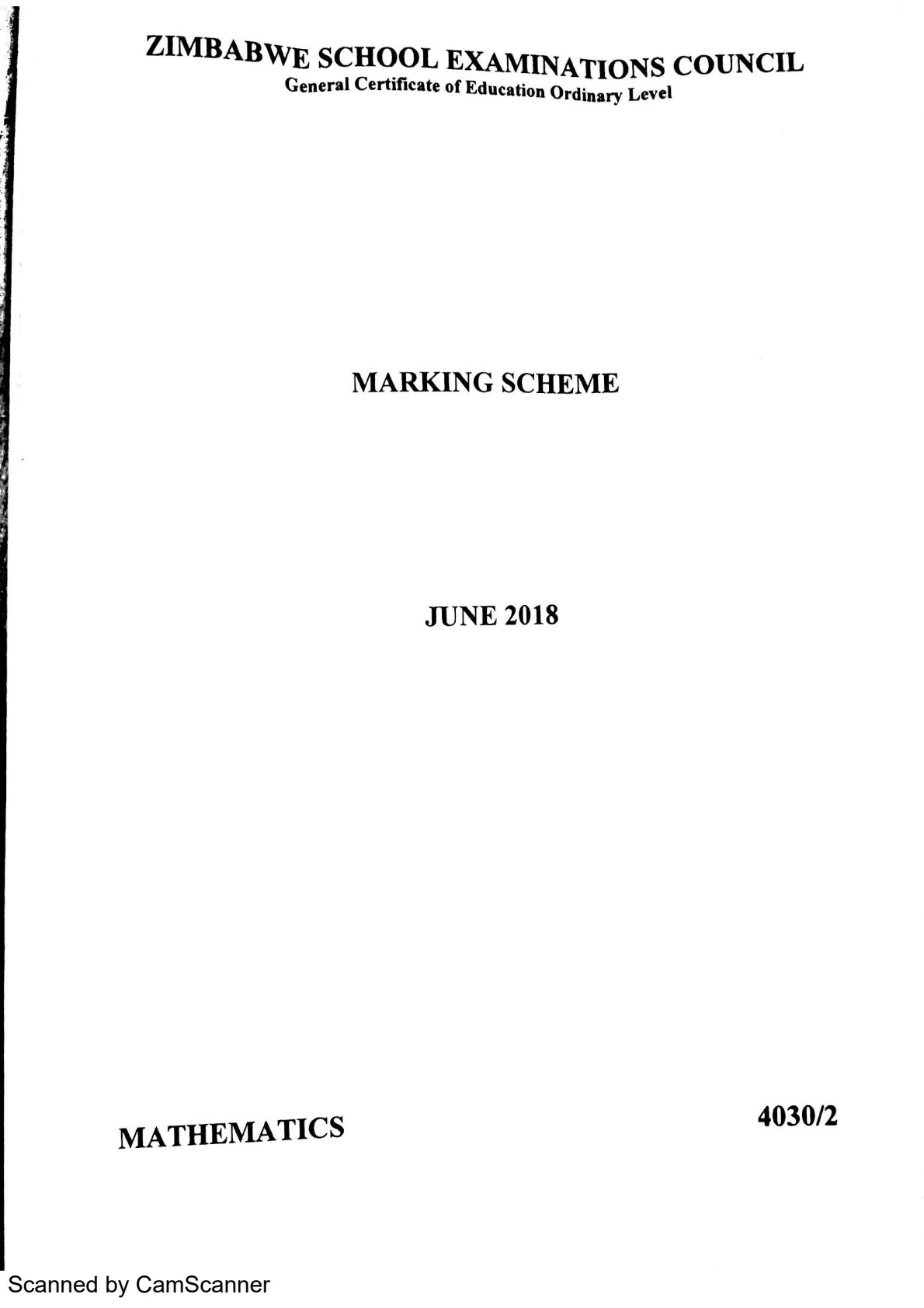 First page of ZIMSEC O-Level Mathematics Paper 2 June 2018 Marking Scheme
