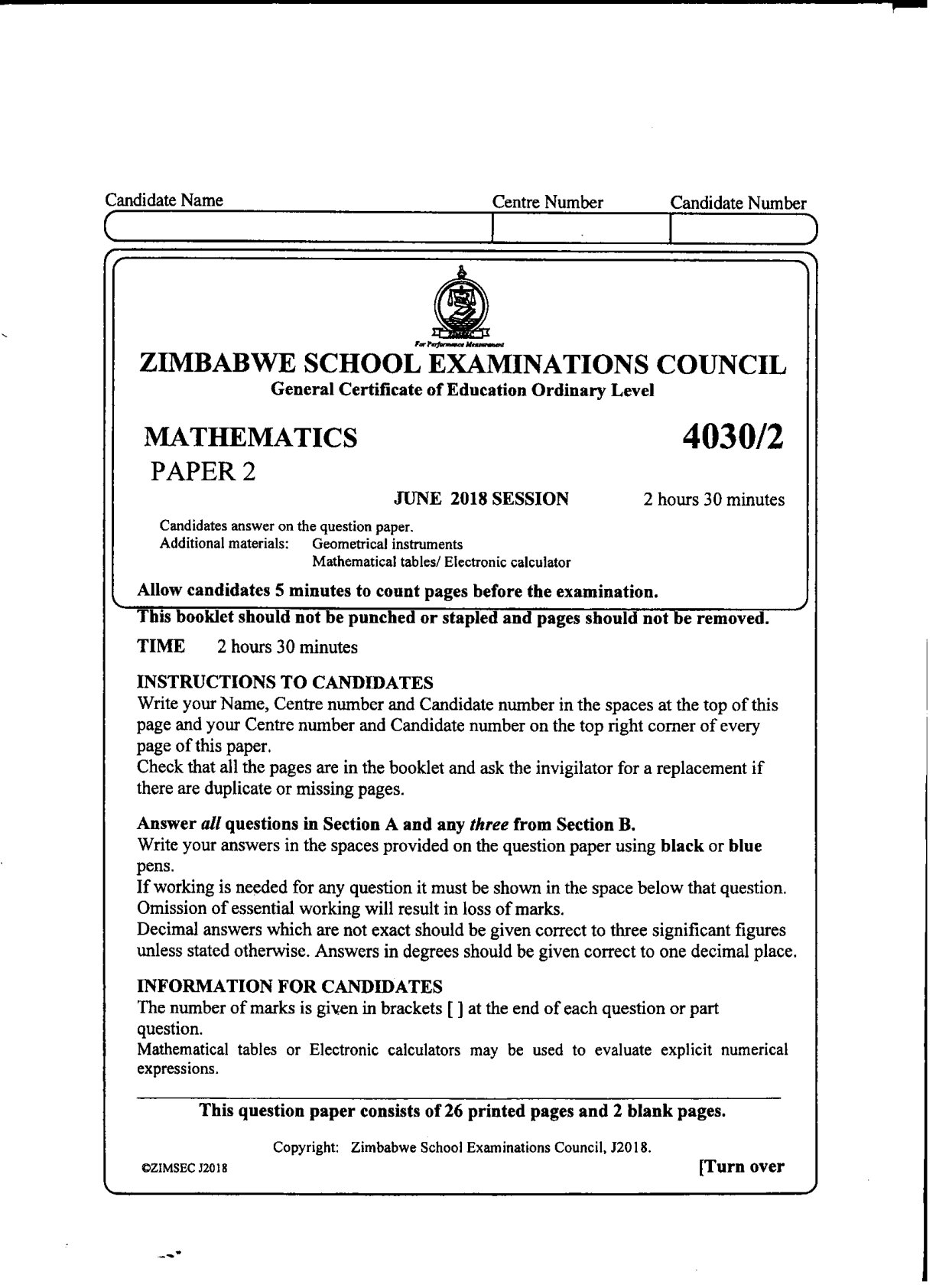 First page of ZIMSEC O-Level Mathematics Paper 2 June 2018 Question Paper
