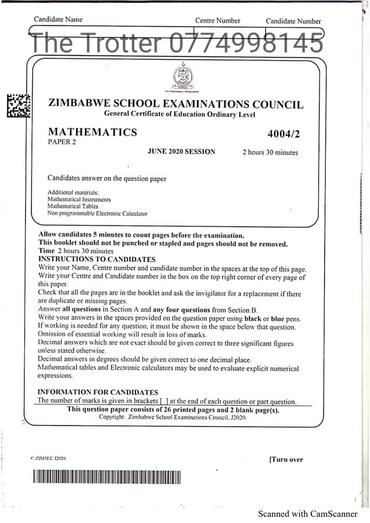 First page of ZIMSEC O-Level Mathematics Paper 2 June 2020 Question Paper