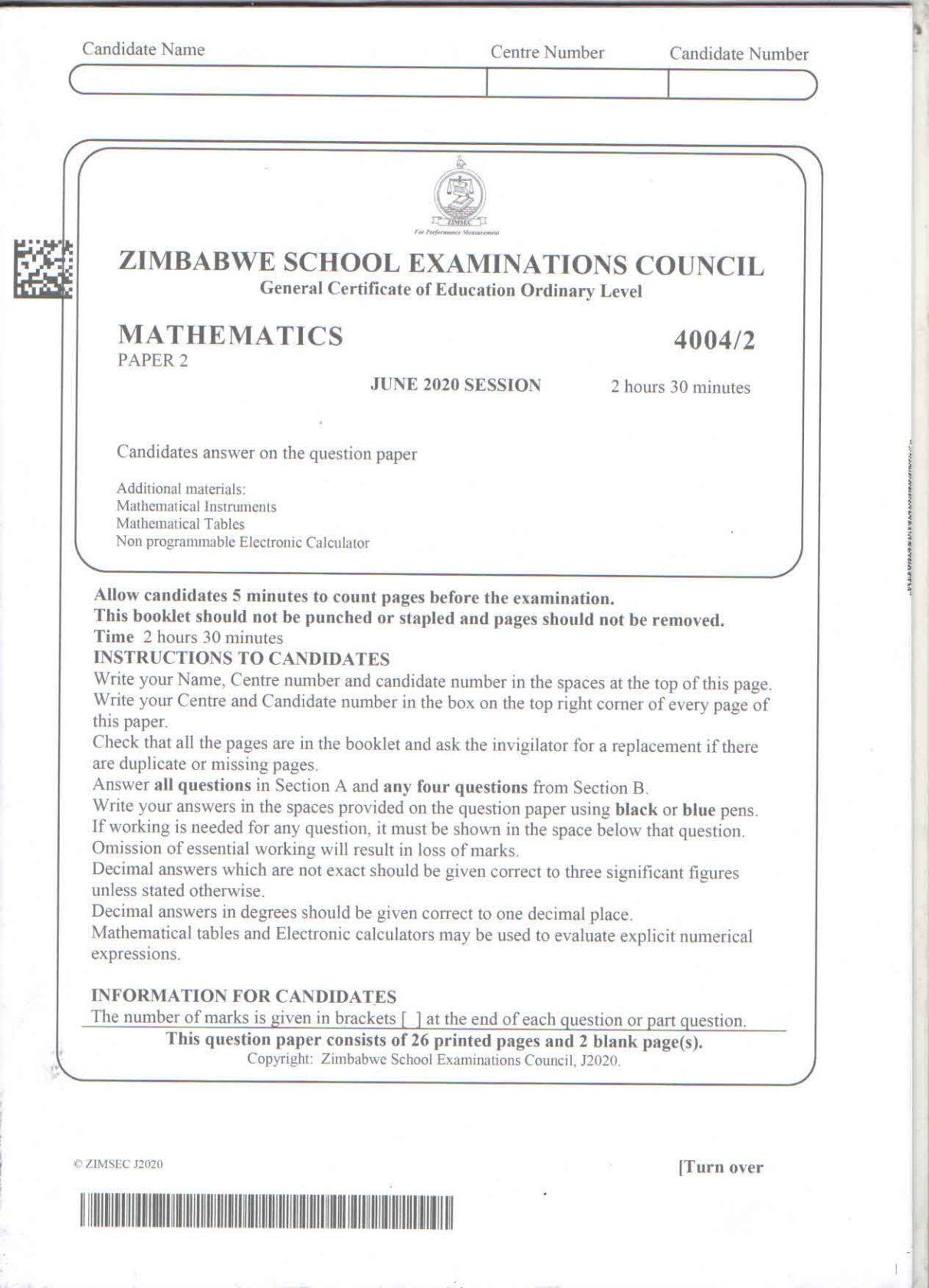 First page of ZIMSEC O-Level Mathematics Paper 2 June 2020 Question Paper