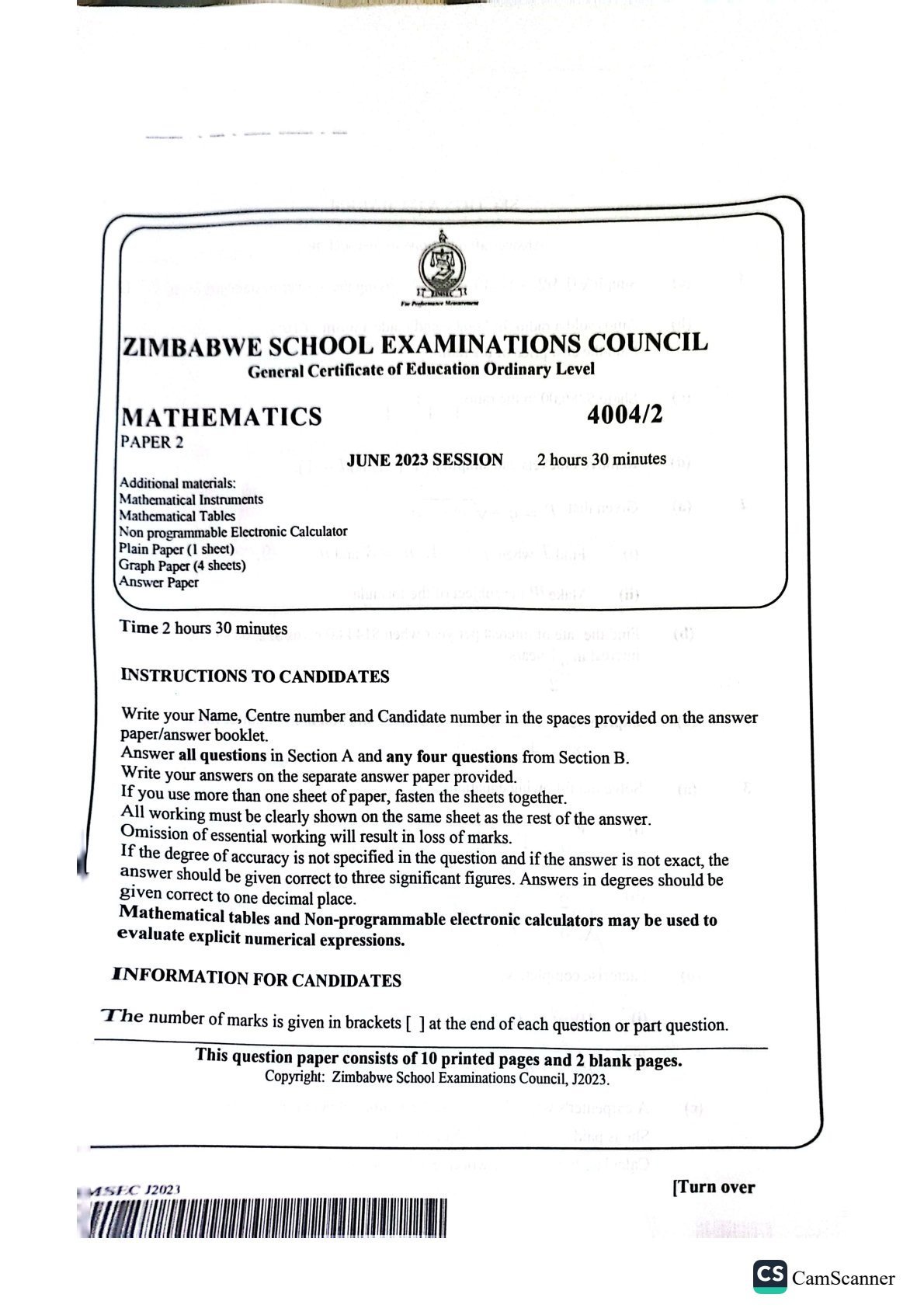 First page of ZIMSEC O-Level Mathematics Paper 2 June 2023 Question Paper