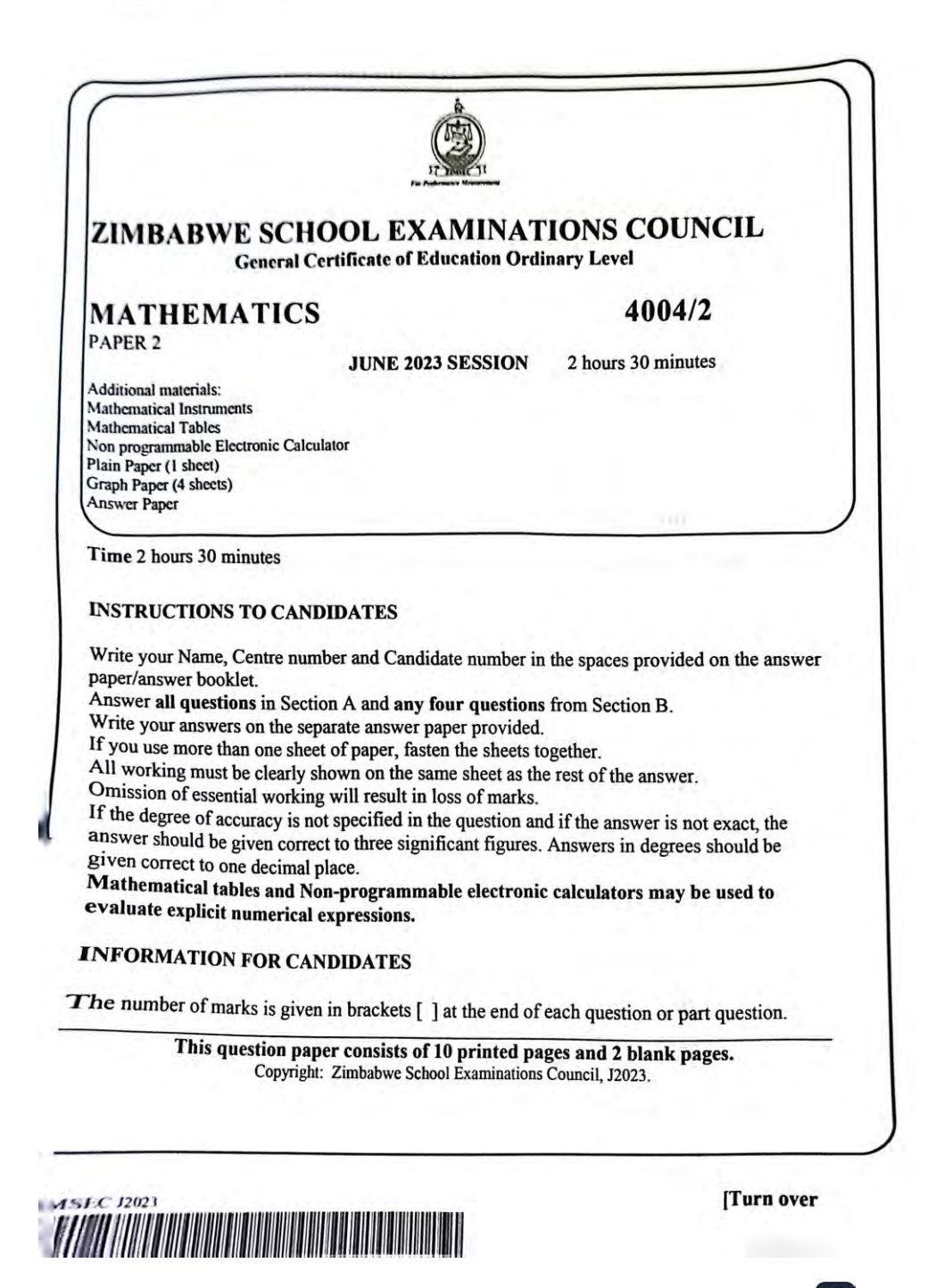 First page of ZIMSEC O-Level Mathematics Paper 2 June 2023 Question Paper