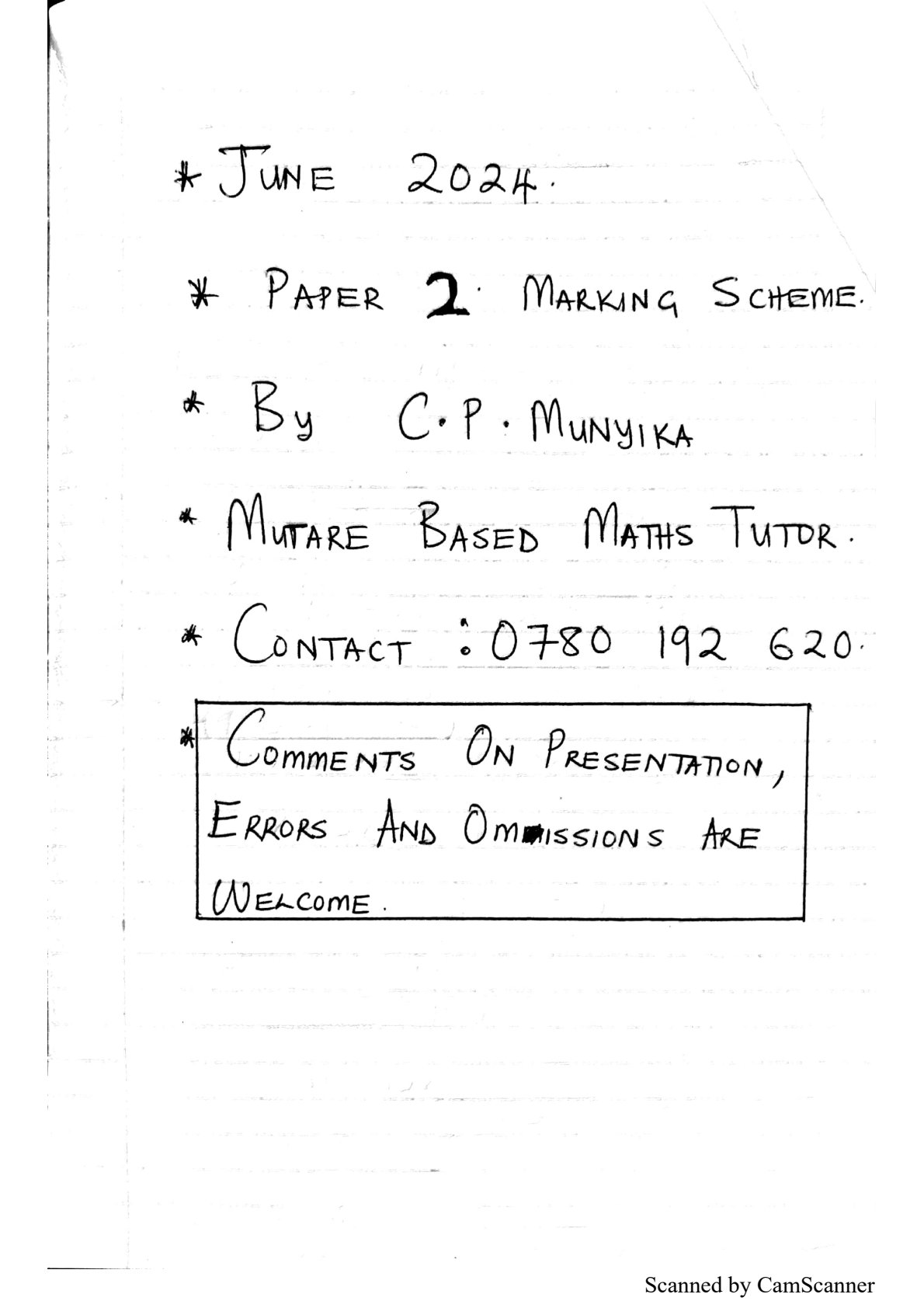 First page of ZIMSEC O-Level Mathematics Paper 2 June 2024 Marking Scheme
