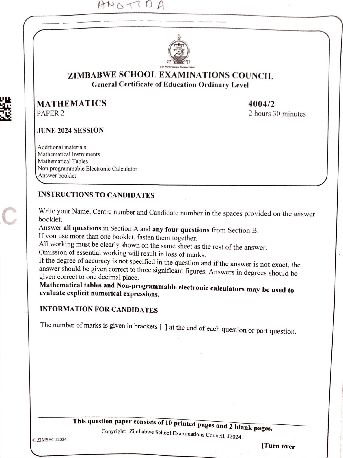 First page of ZIMSEC O-Level Mathematics Paper 2 June 2024 Question Paper