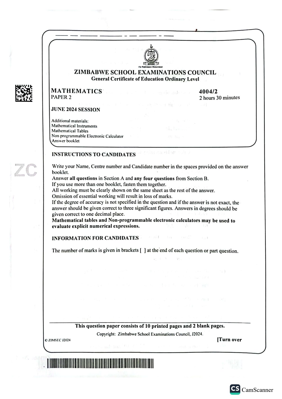 First page of ZIMSEC O-Level Mathematics Paper 2 June 2024 Question Paper