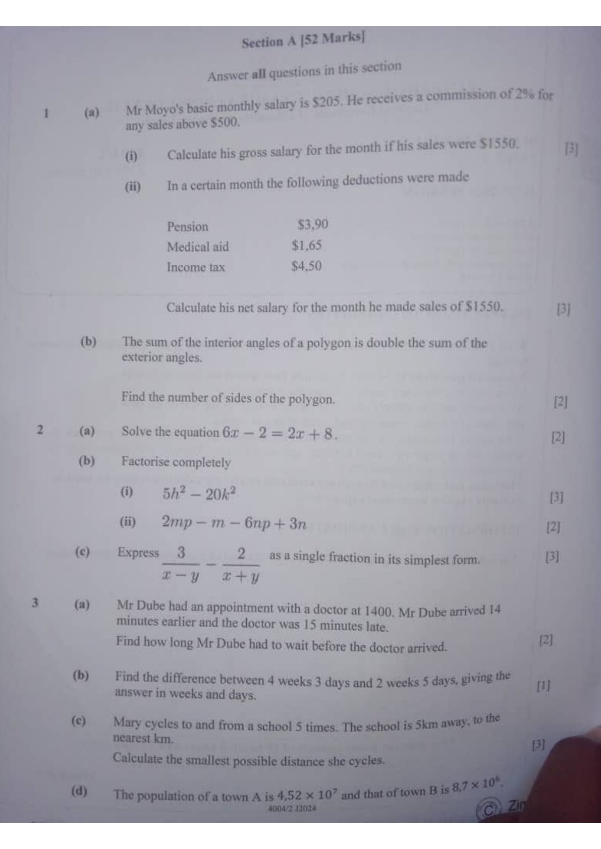 First page of ZIMSEC O-Level Mathematics Paper 2 June 2024 Question Paper