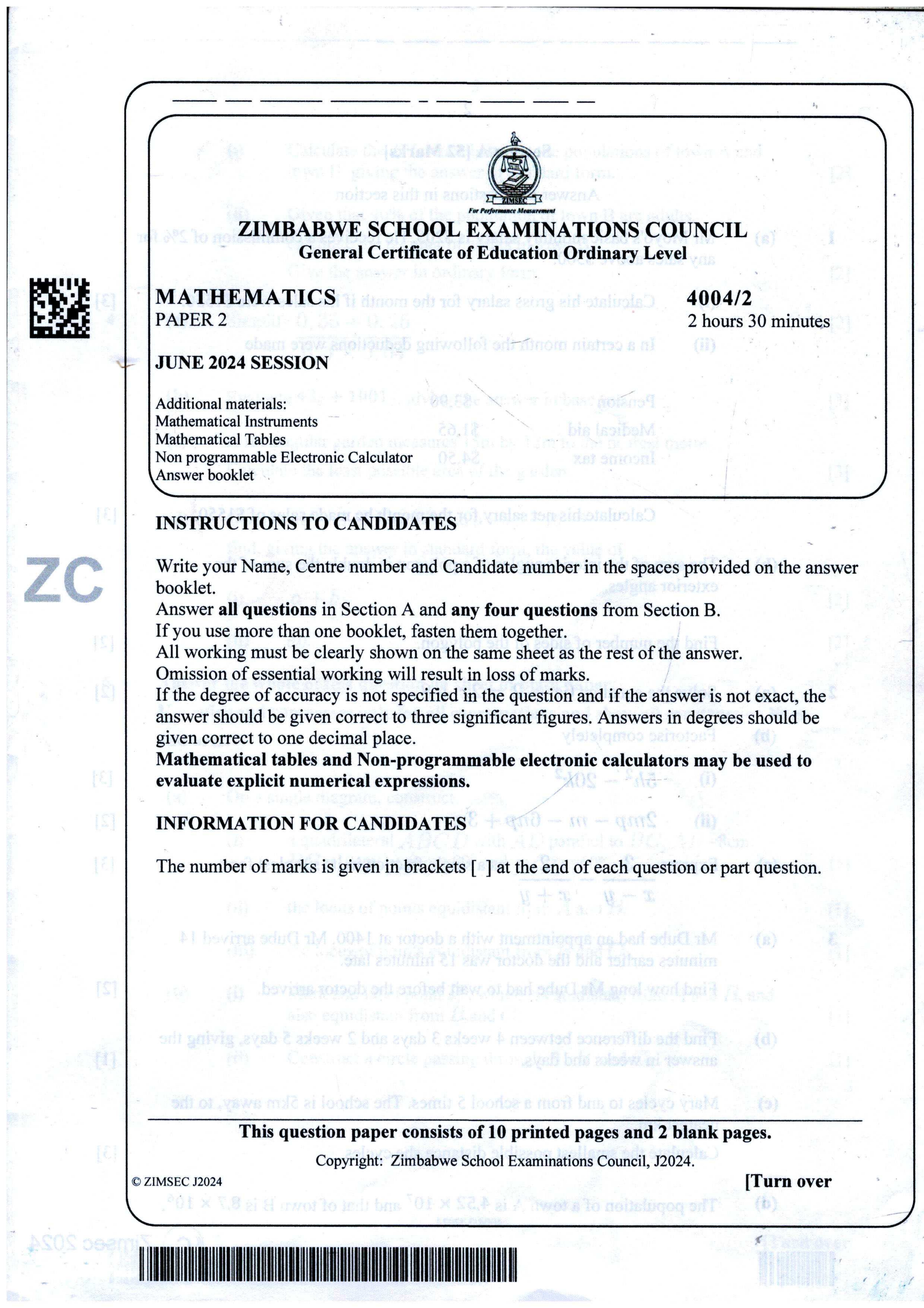 First page of ZIMSEC O-Level Mathematics Paper 2 June 2024 Question Paper