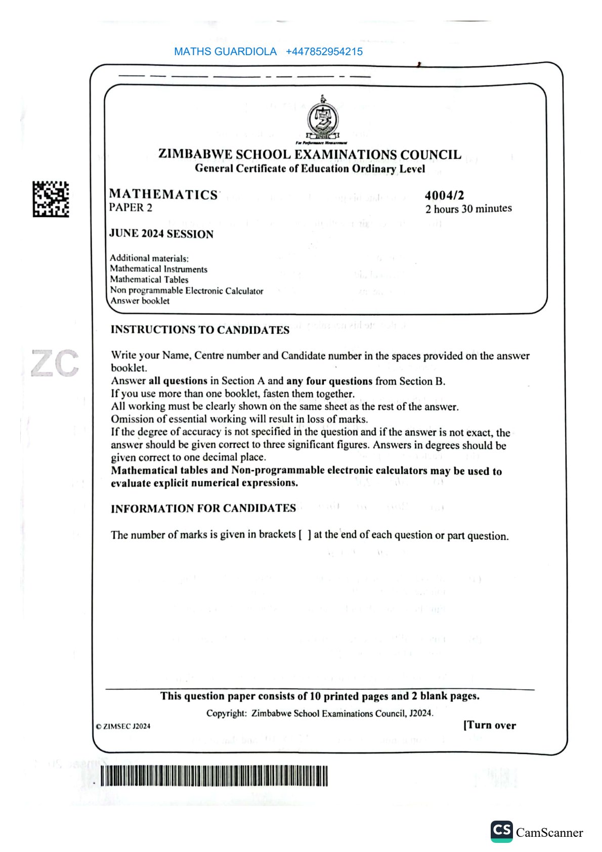 First page of ZIMSEC O-Level Mathematics Paper 2 June 2024 Question Paper