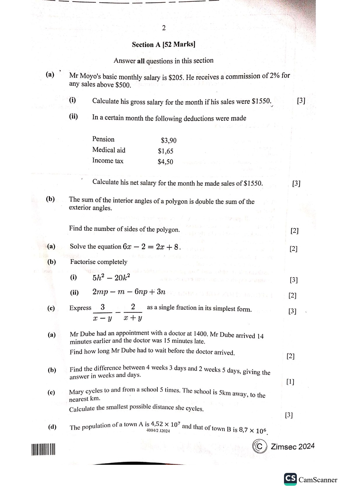 First page of ZIMSEC O-Level Mathematics Paper 2 June 2024 Question Paper