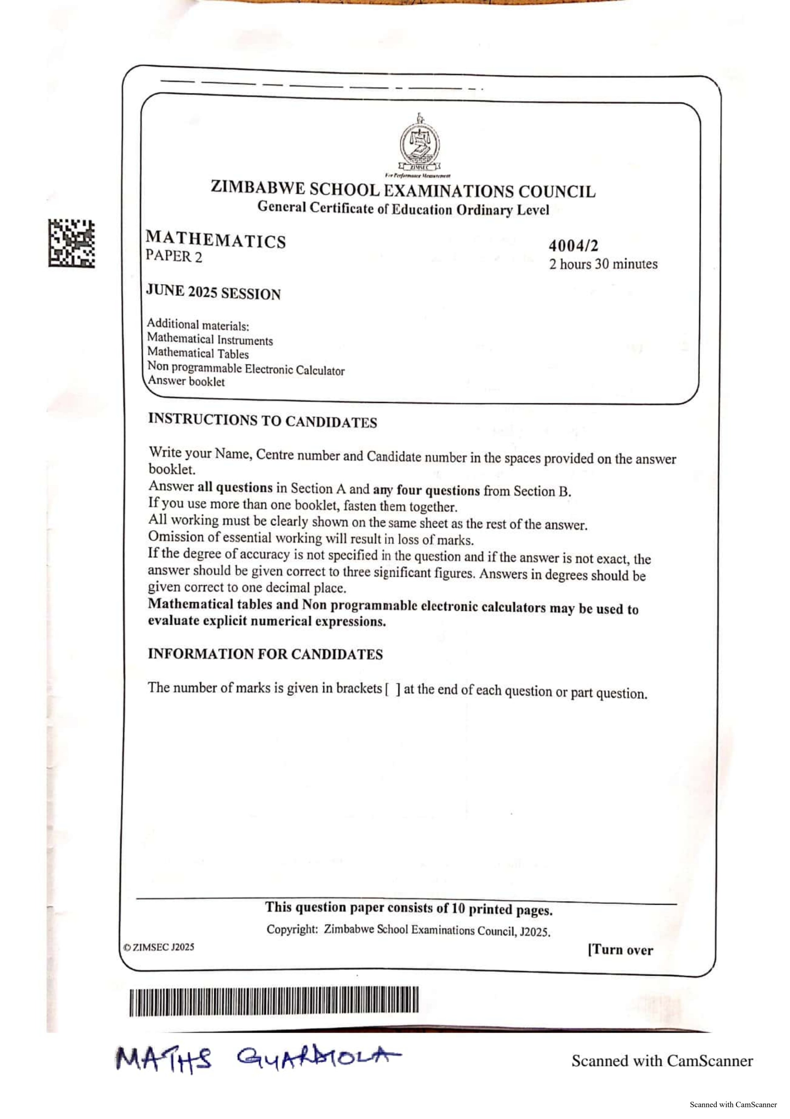 First page of ZIMSEC O-Level Mathematics Paper 2 June 2025 Question Paper