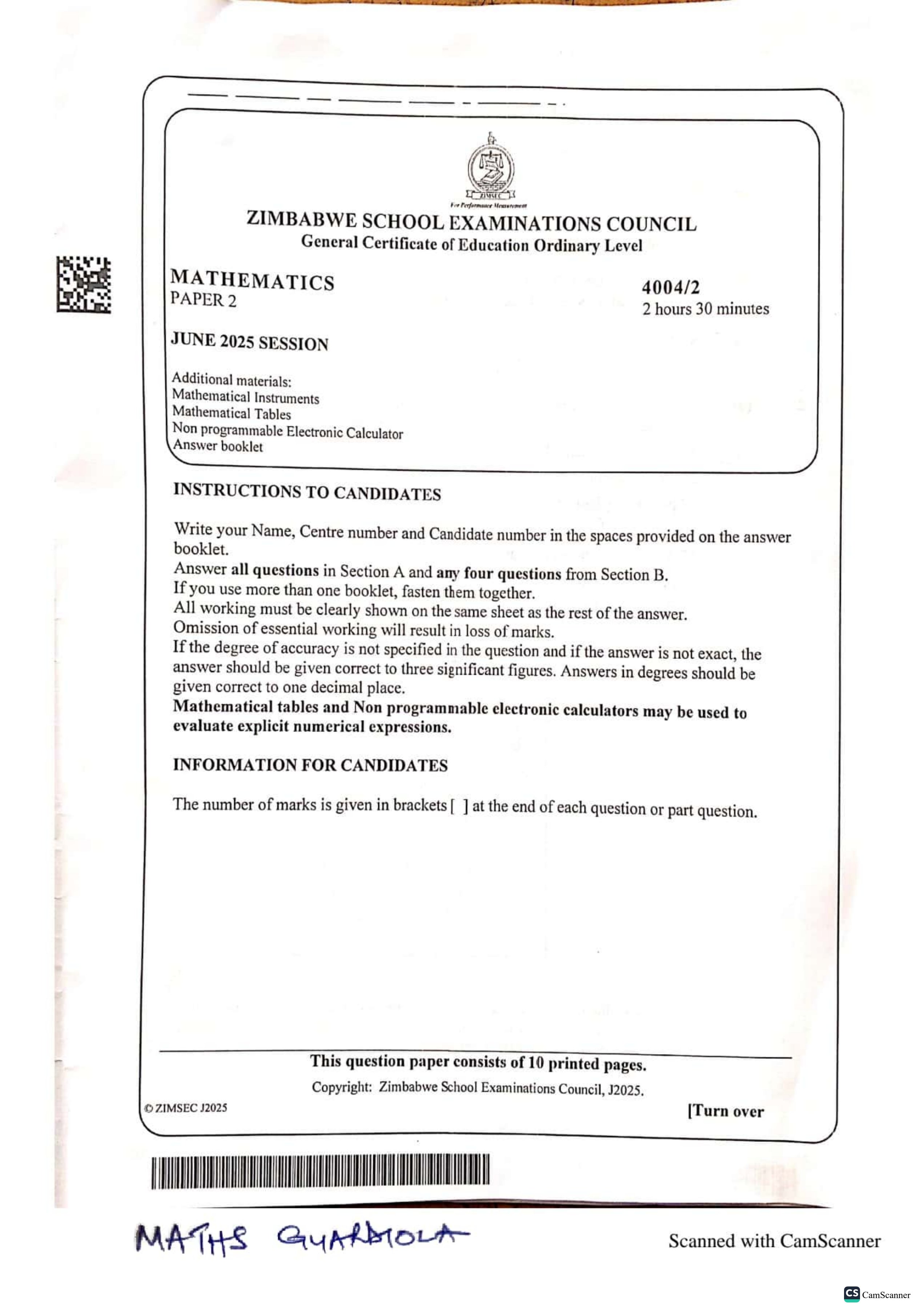 First page of ZIMSEC O-Level Mathematics Paper 2 June 2025 Question Paper