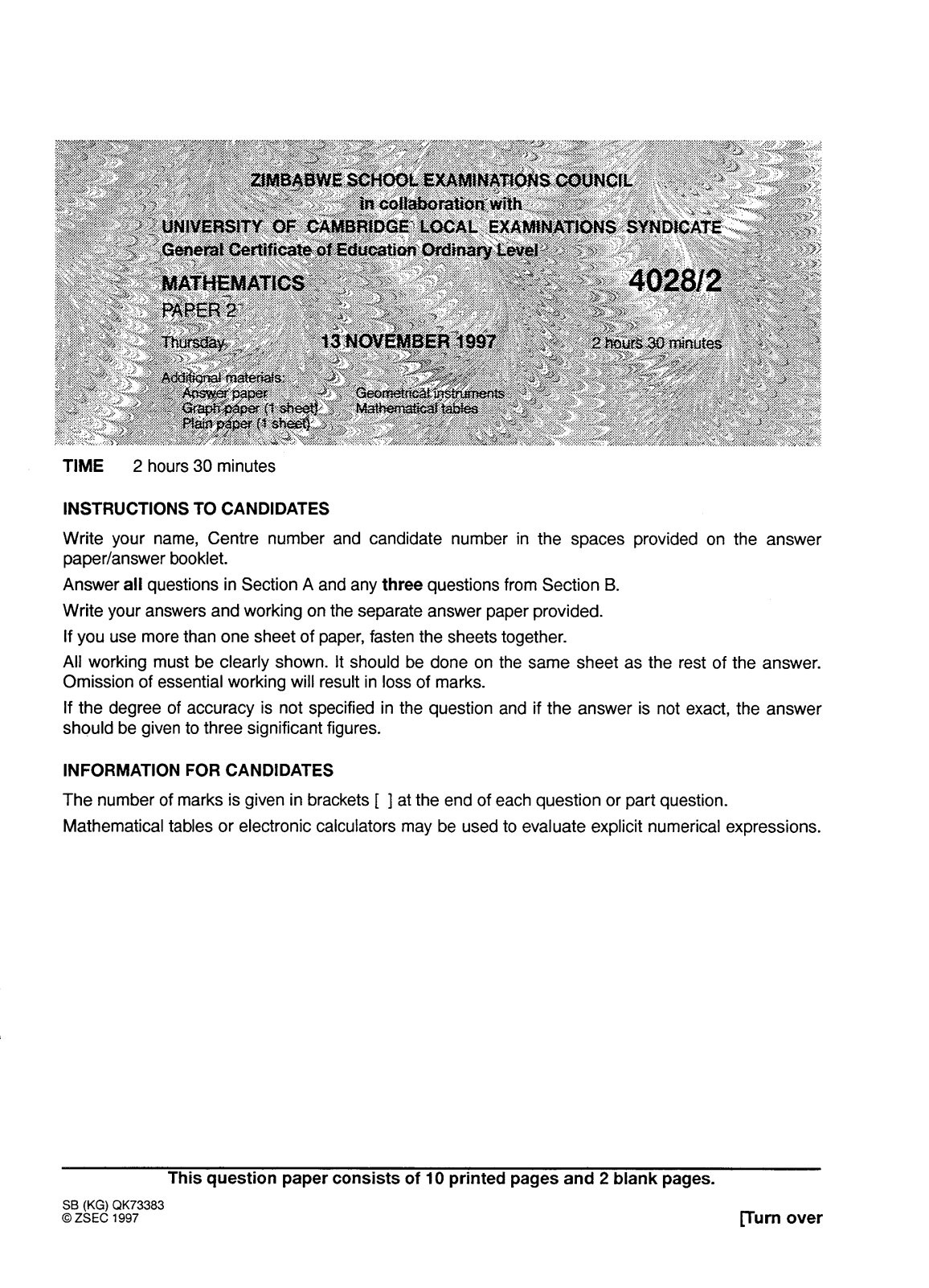 First page of ZIMSEC O-Level Mathematics Paper 2 November 1997 Question Paper