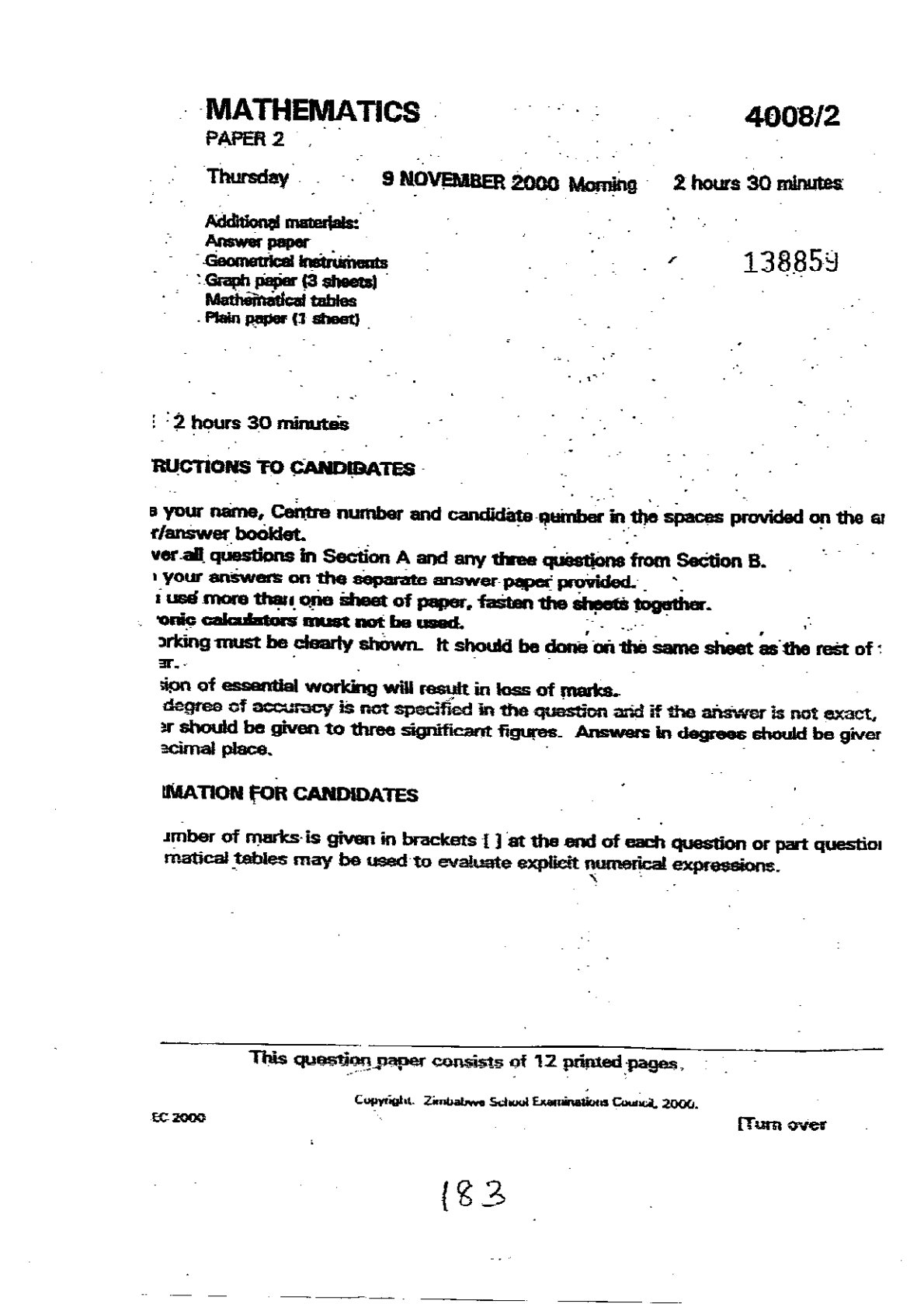 First page of ZIMSEC O-Level Mathematics Paper 2 November 2000 Question Paper