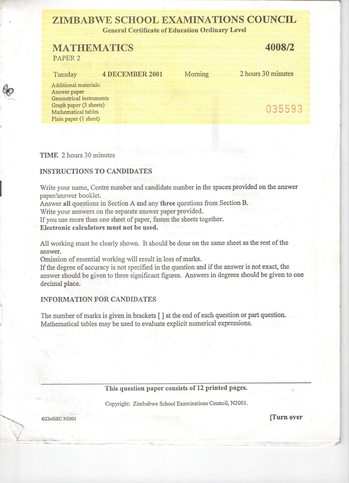 First page of ZIMSEC O-Level Mathematics Paper 2 November 2001 Question Paper