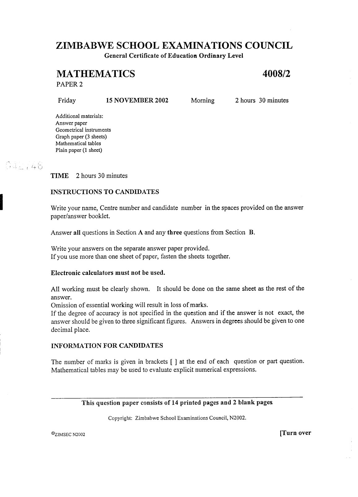 First page of ZIMSEC O-Level Mathematics Paper 2 November 2002 Question Paper
