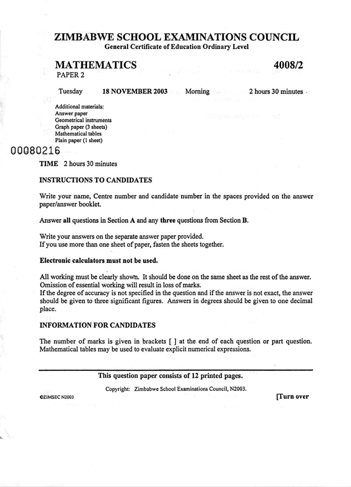 First page of ZIMSEC O-Level Mathematics Paper 2 November 2003 Question Paper