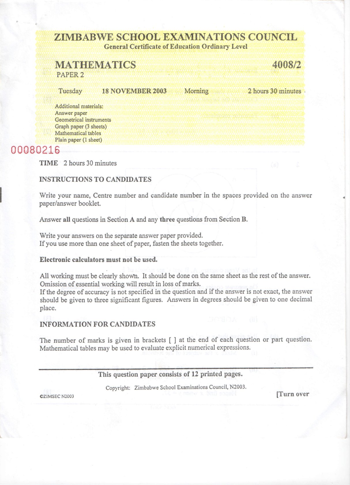 First page of ZIMSEC O-Level Mathematics Paper 2 November 2003 Question Paper