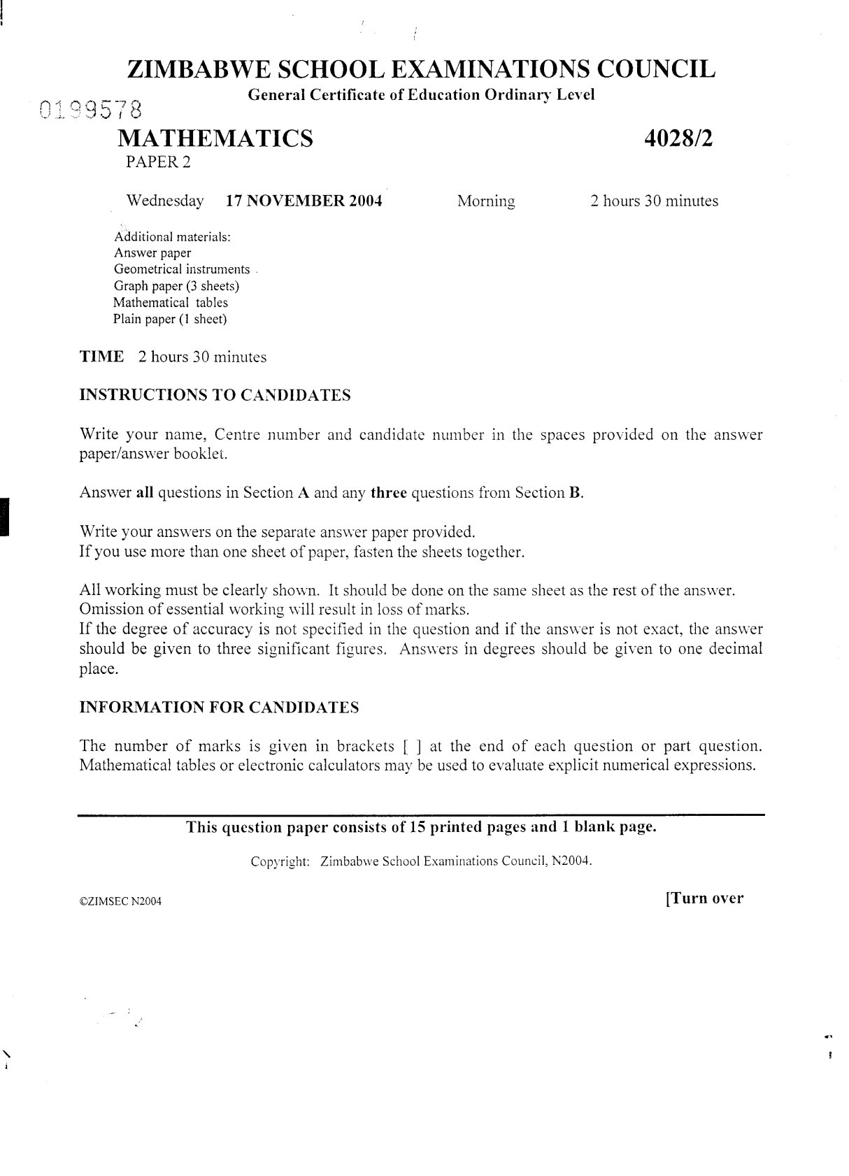 First page of ZIMSEC O-Level Mathematics Paper 2 November 2004 Question Paper