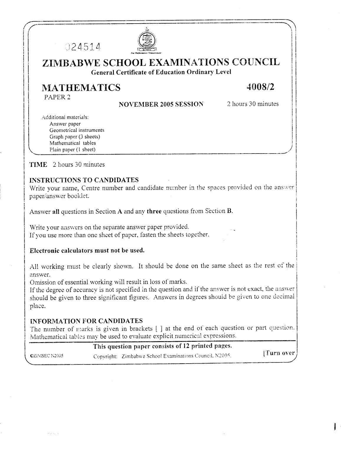 First page of ZIMSEC O-Level Mathematics Paper 2 November 2005 Question Paper