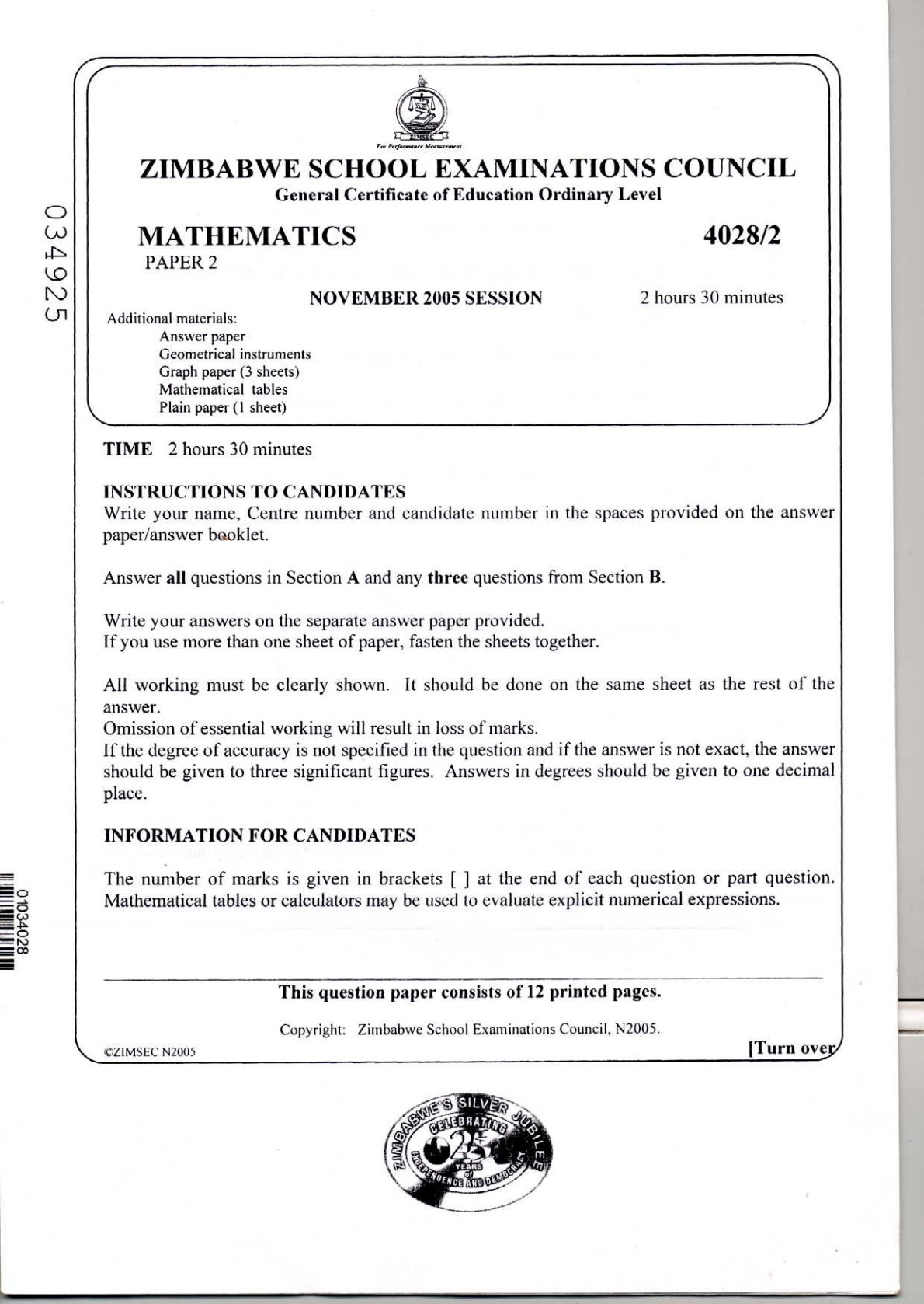 First page of ZIMSEC O-Level Mathematics Paper 2 November 2005 Question Paper