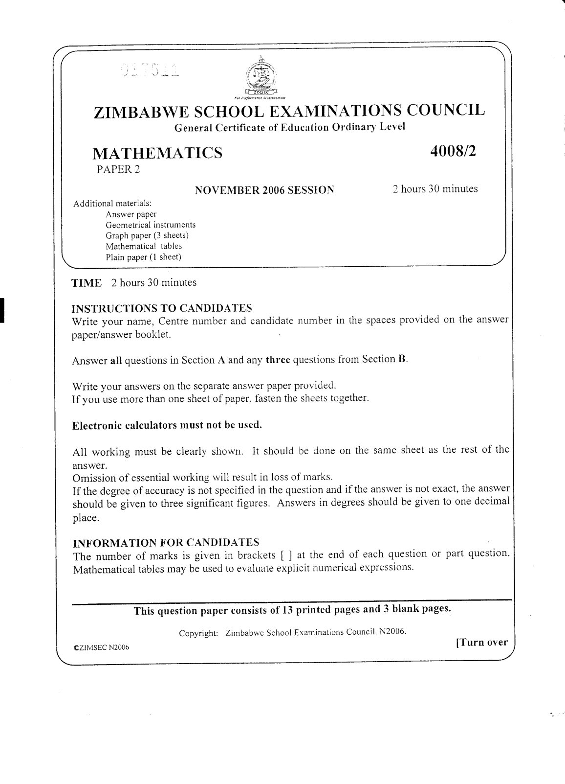 First page of ZIMSEC O-Level Mathematics Paper 2 November 2006 Question Paper