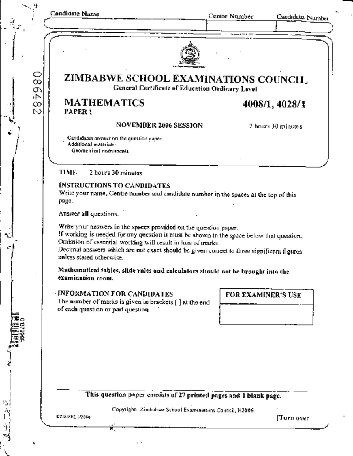First page of ZIMSEC O-Level Mathematics Paper 2 November 2006 Question Paper