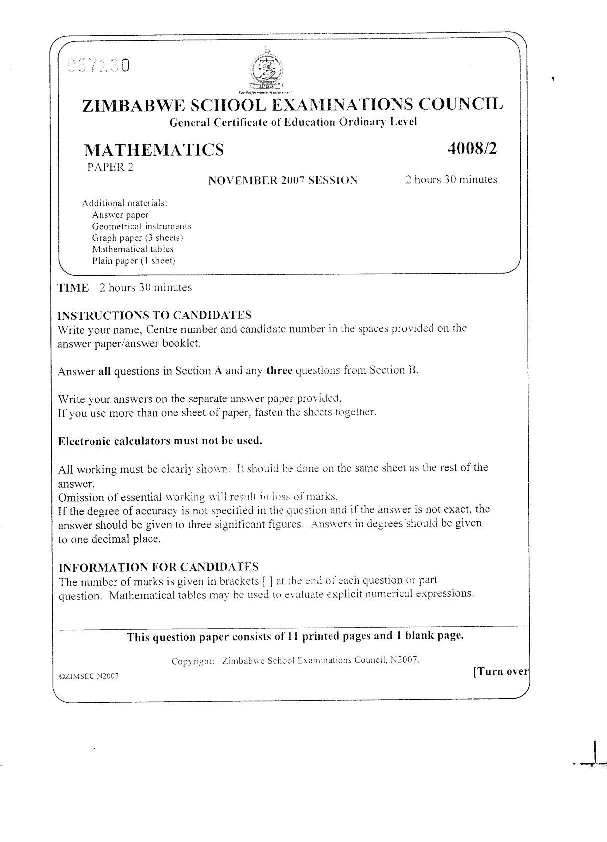 First page of ZIMSEC O-Level Mathematics Paper 2 November 2007 Question Paper