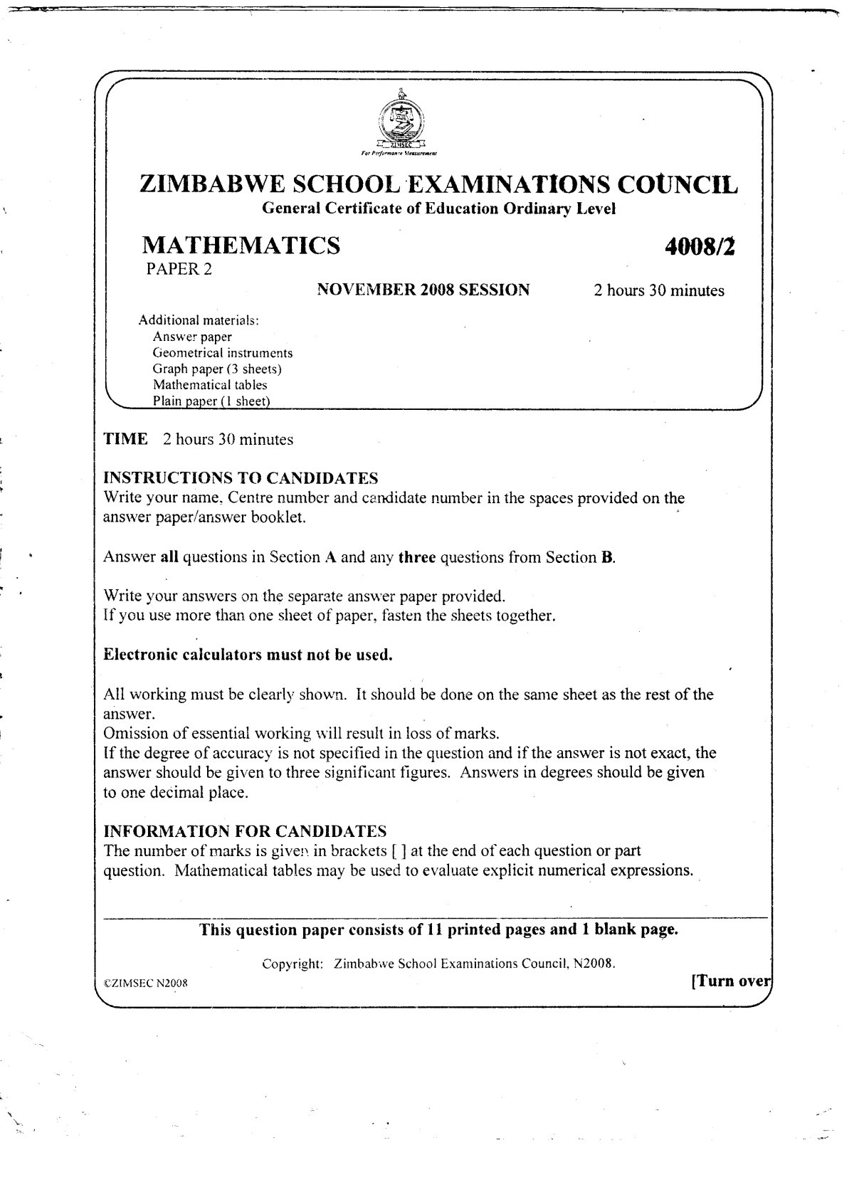 First page of ZIMSEC O-Level Mathematics Paper 2 November 2008 Question Paper