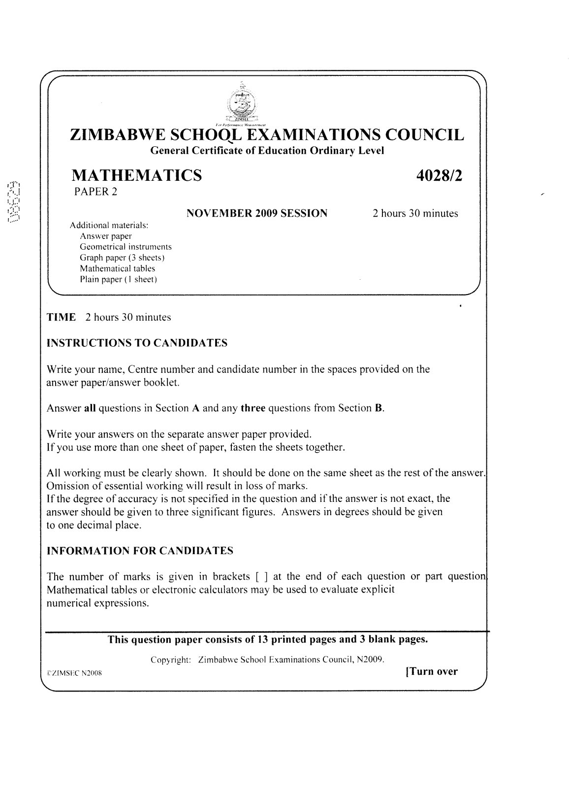 First page of ZIMSEC O-Level Mathematics Paper 2 November 2009 Question Paper