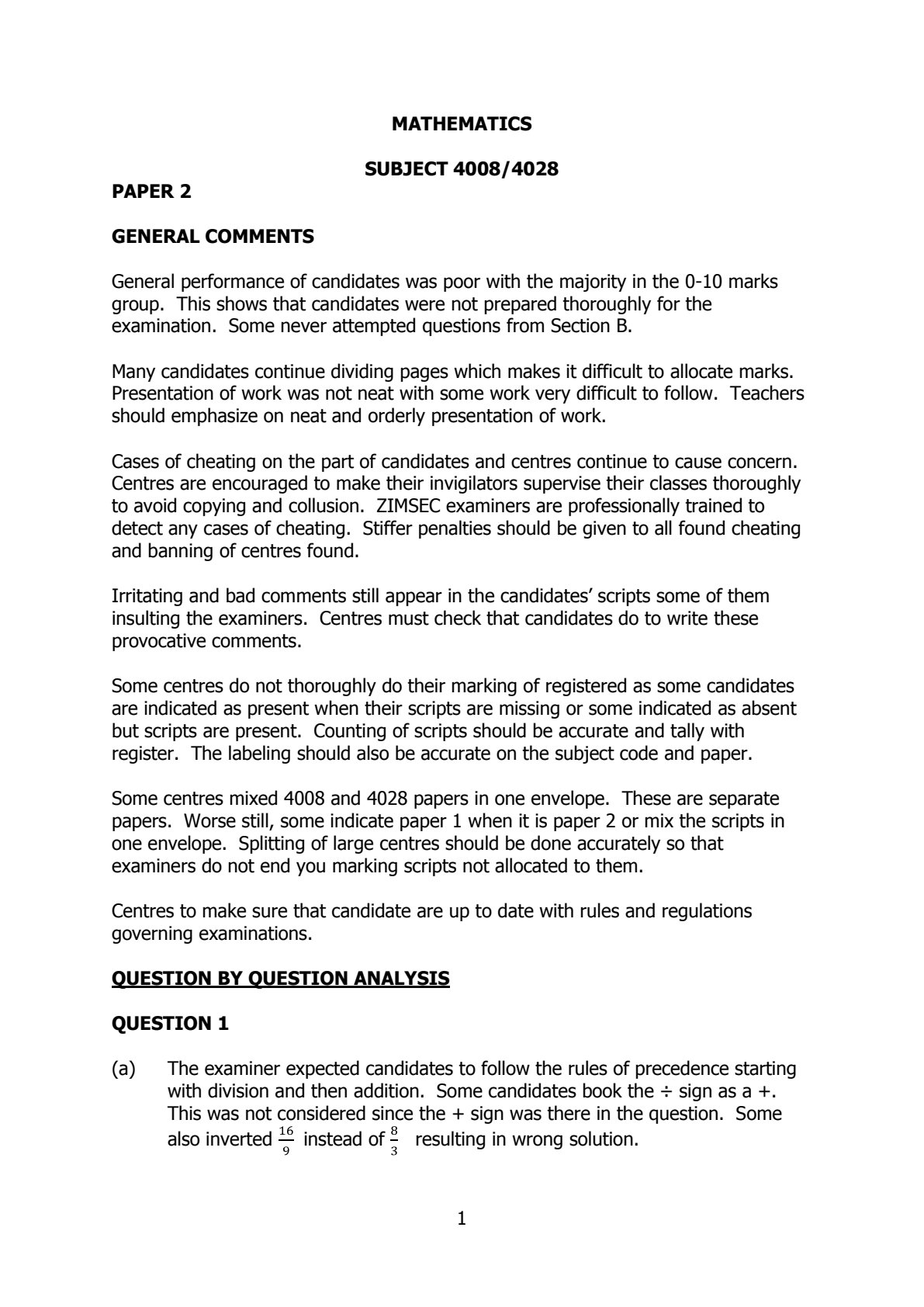 First page of ZIMSEC O-Level Mathematics Paper 2 November 2010 Marking Scheme