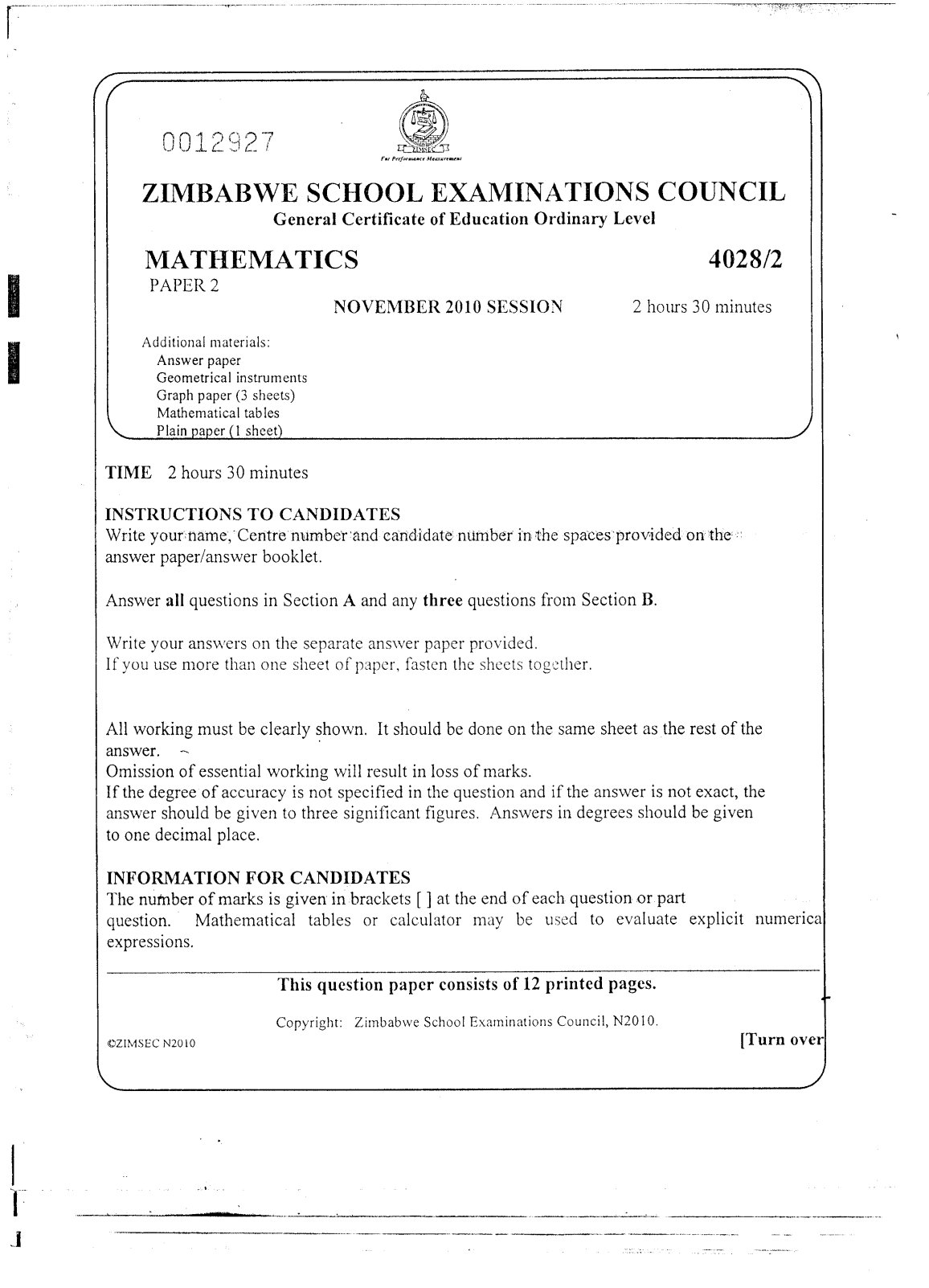 First page of ZIMSEC O-Level Mathematics Paper 2 November 2010 Question Paper