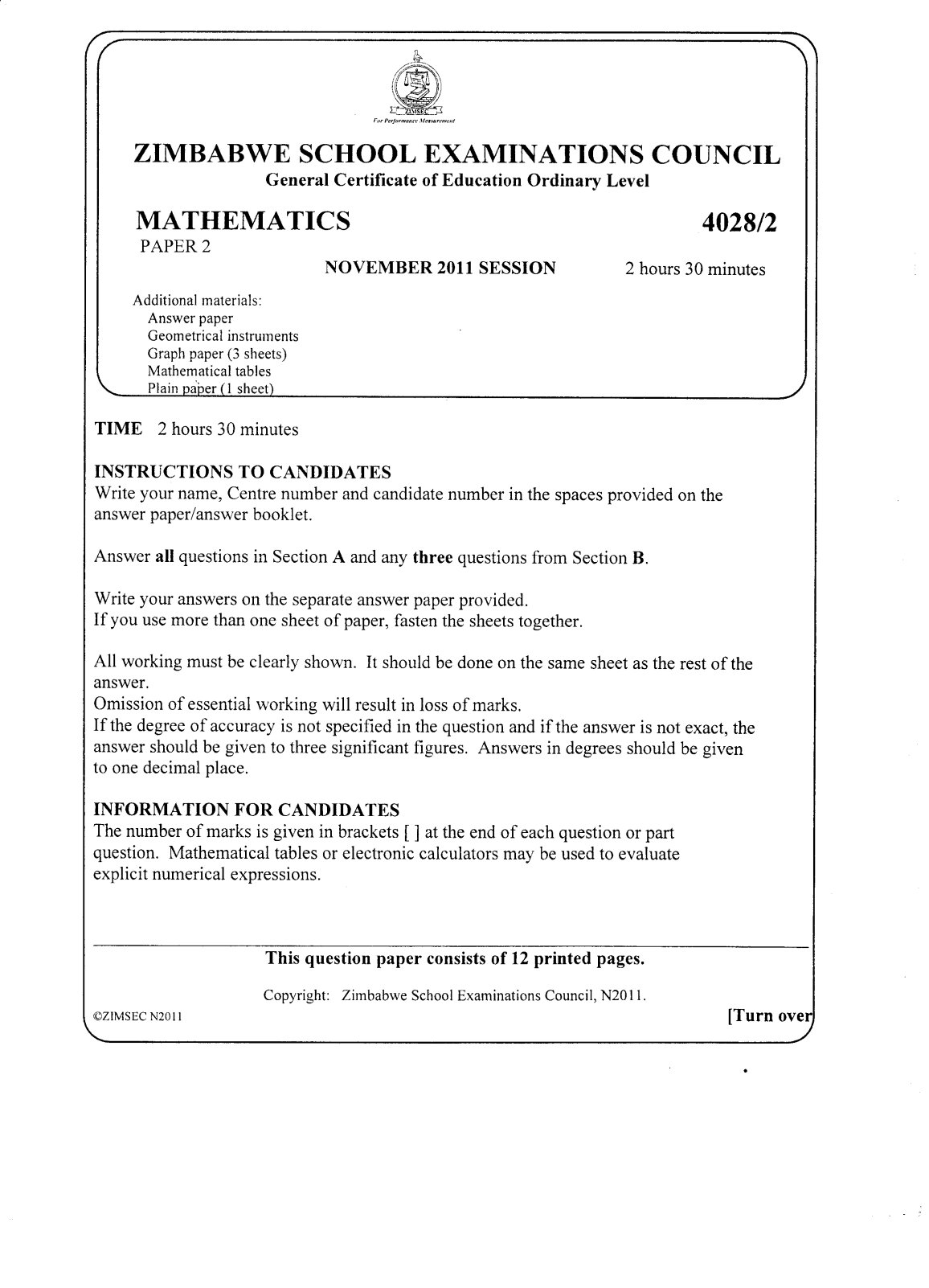 First page of ZIMSEC O-Level Mathematics Paper 2 November 2011 Question Paper