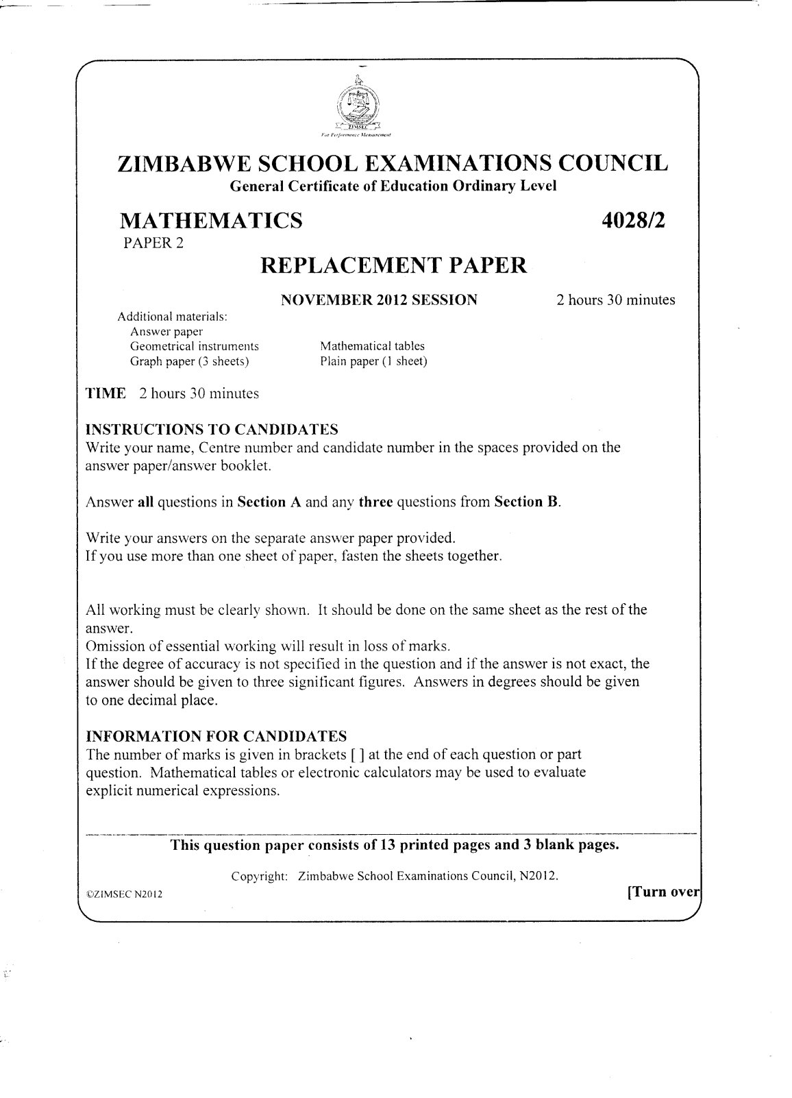First page of ZIMSEC O-Level Mathematics Paper 2 November 2012 Question Paper