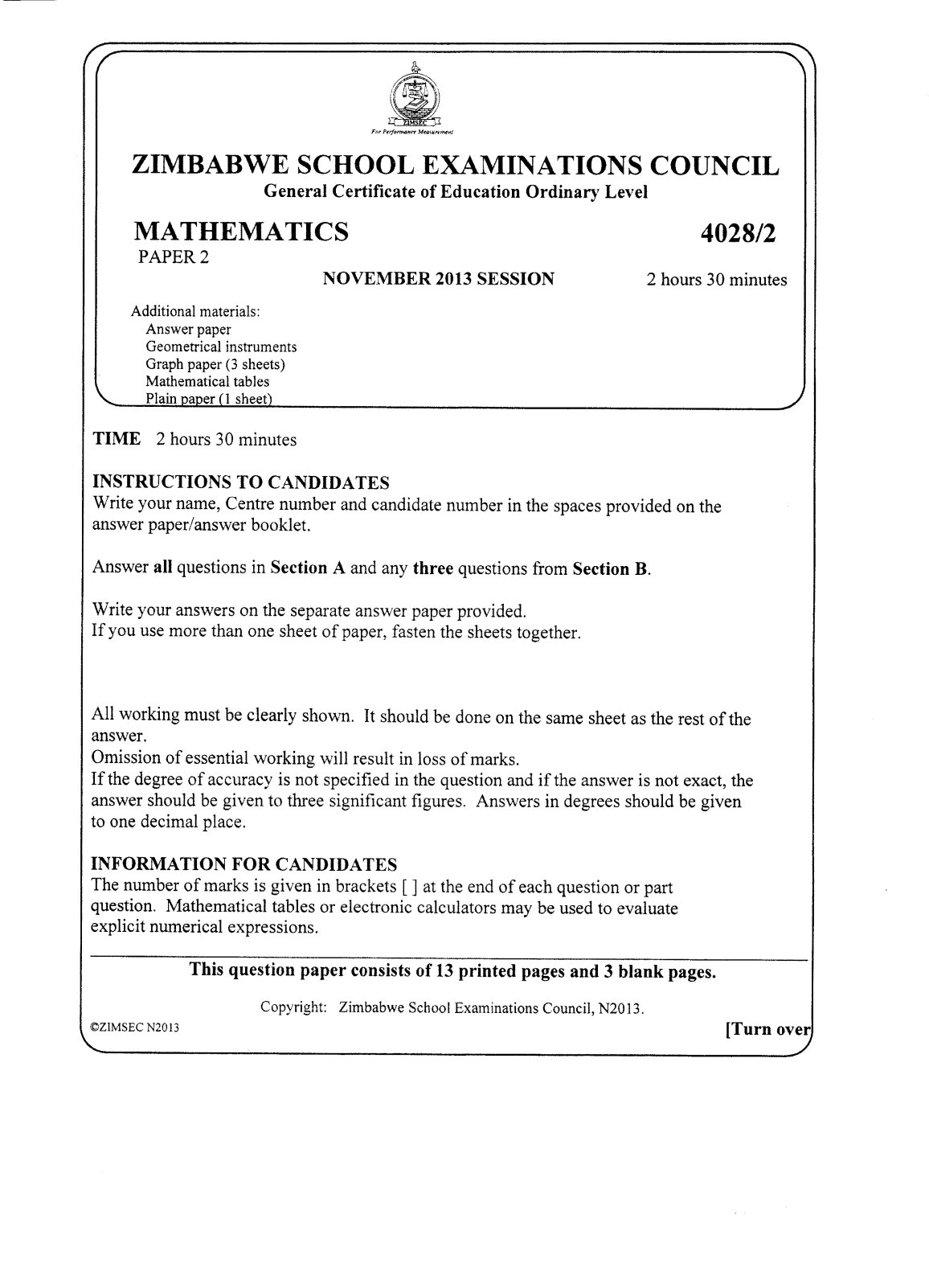 First page of ZIMSEC O-Level Mathematics Paper 2 November 2013 Question Paper