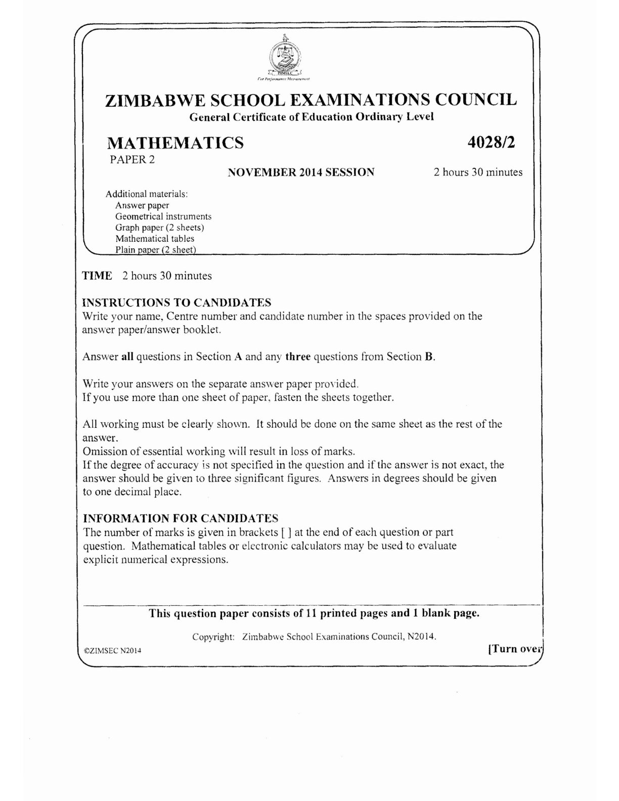 First page of ZIMSEC O-Level Mathematics Paper 2 November 2014 Question Paper