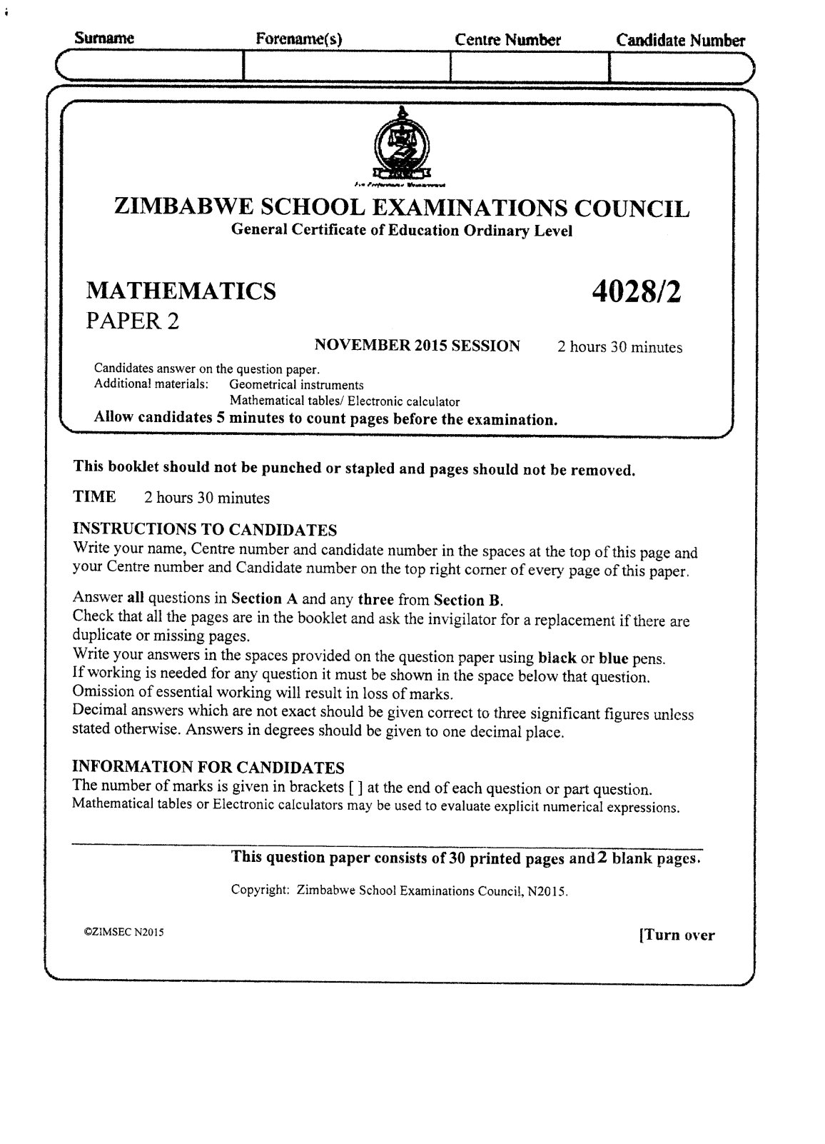 First page of ZIMSEC O-Level Mathematics Paper 2 November 2015 Question Paper
