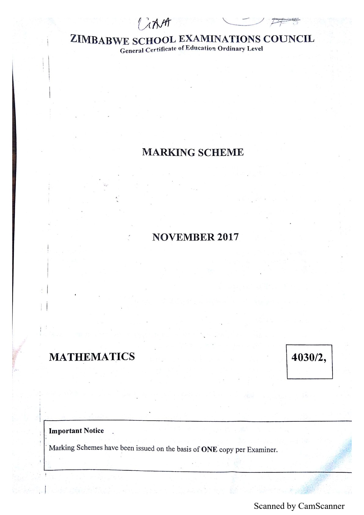 First page of ZIMSEC O-Level Mathematics Paper 2 November 2017 Marking Scheme