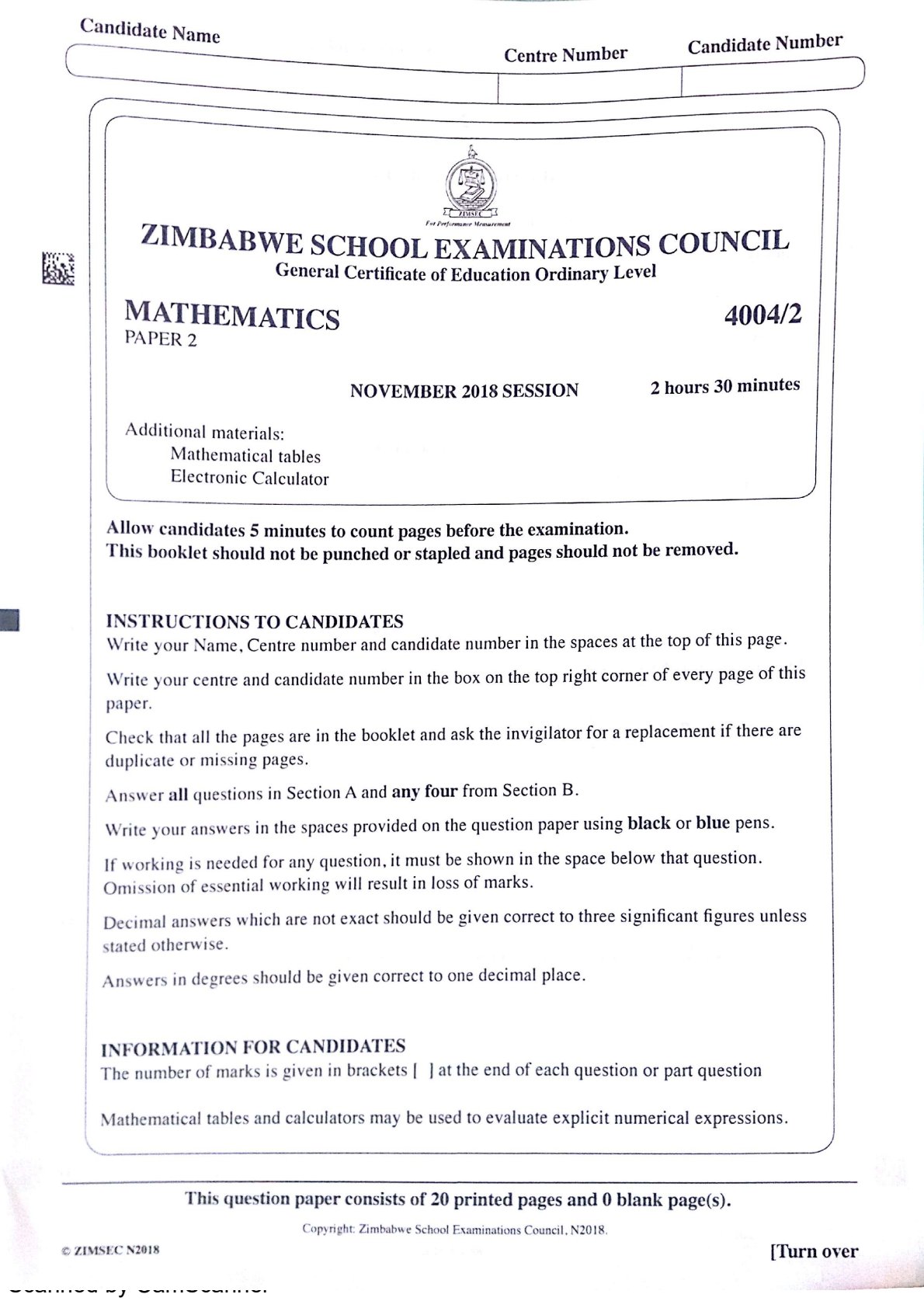 First page of ZIMSEC O-Level Mathematics Paper 2 November 2018 Question Paper