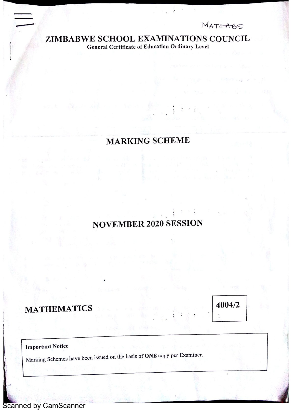 First page of ZIMSEC O-Level Mathematics Paper 2 November 2020 Marking Scheme