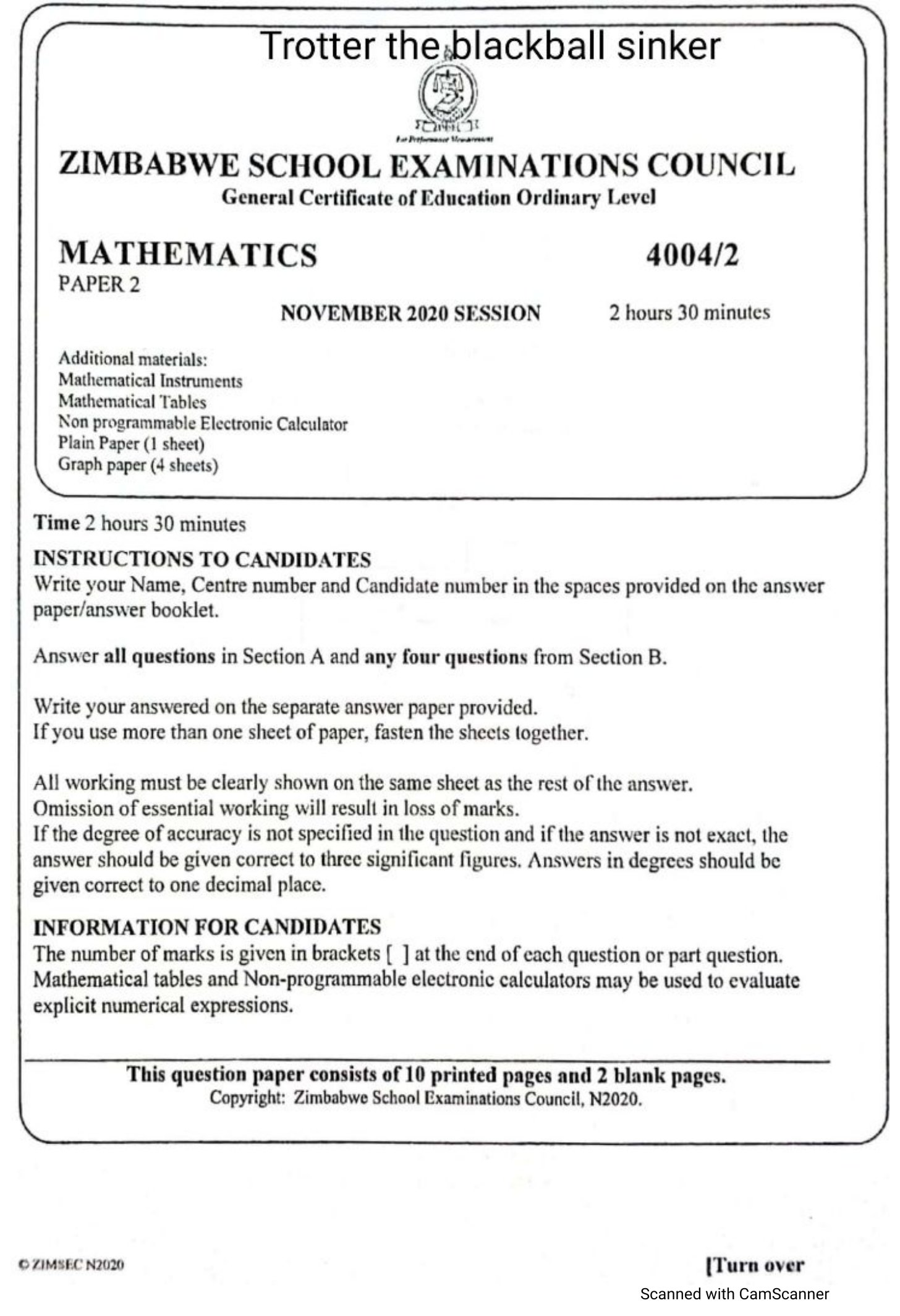 First page of ZIMSEC O-Level Mathematics Paper 2 November 2020 Question Paper