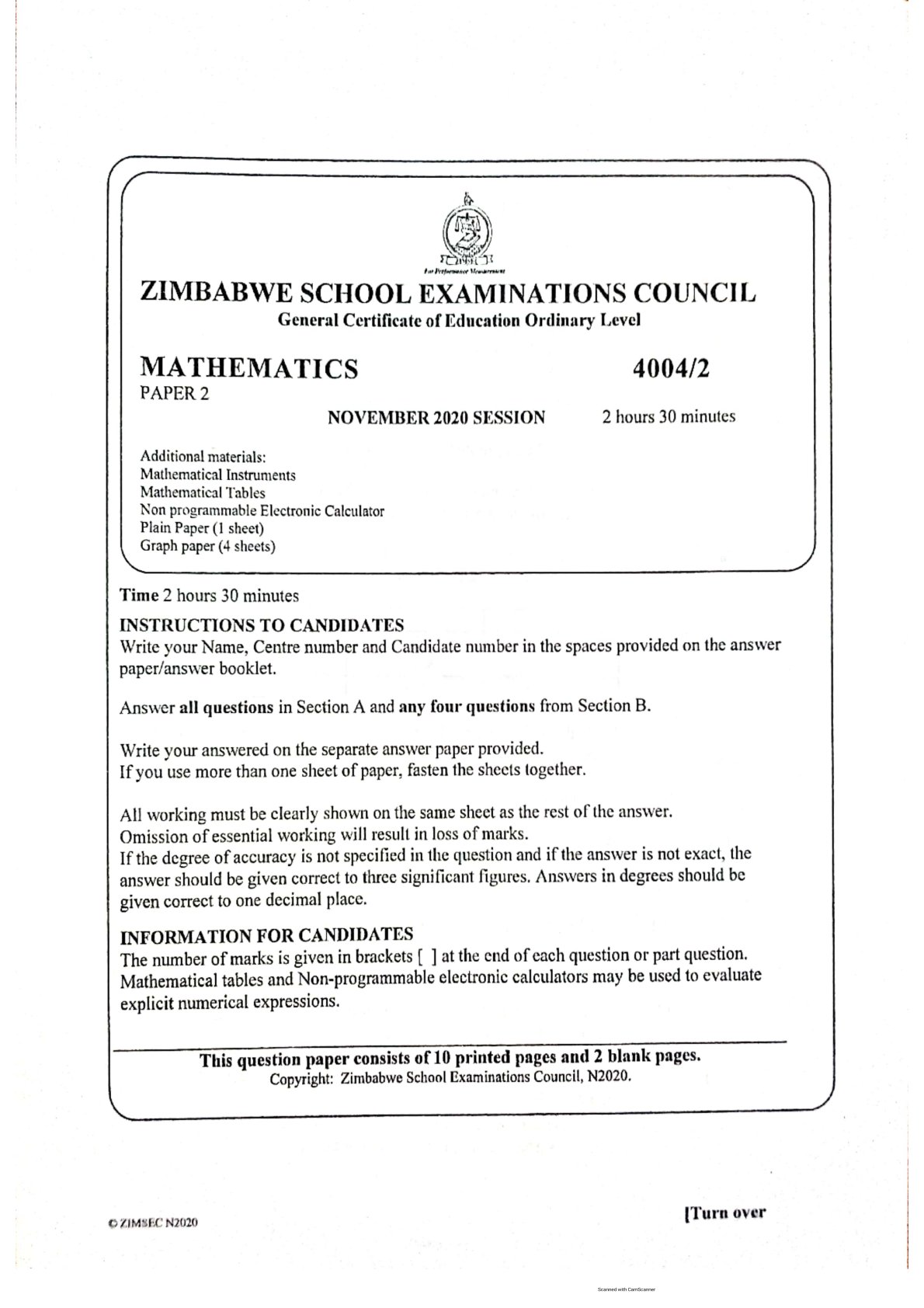 First page of ZIMSEC O-Level Mathematics Paper 2 November 2020 Question Paper