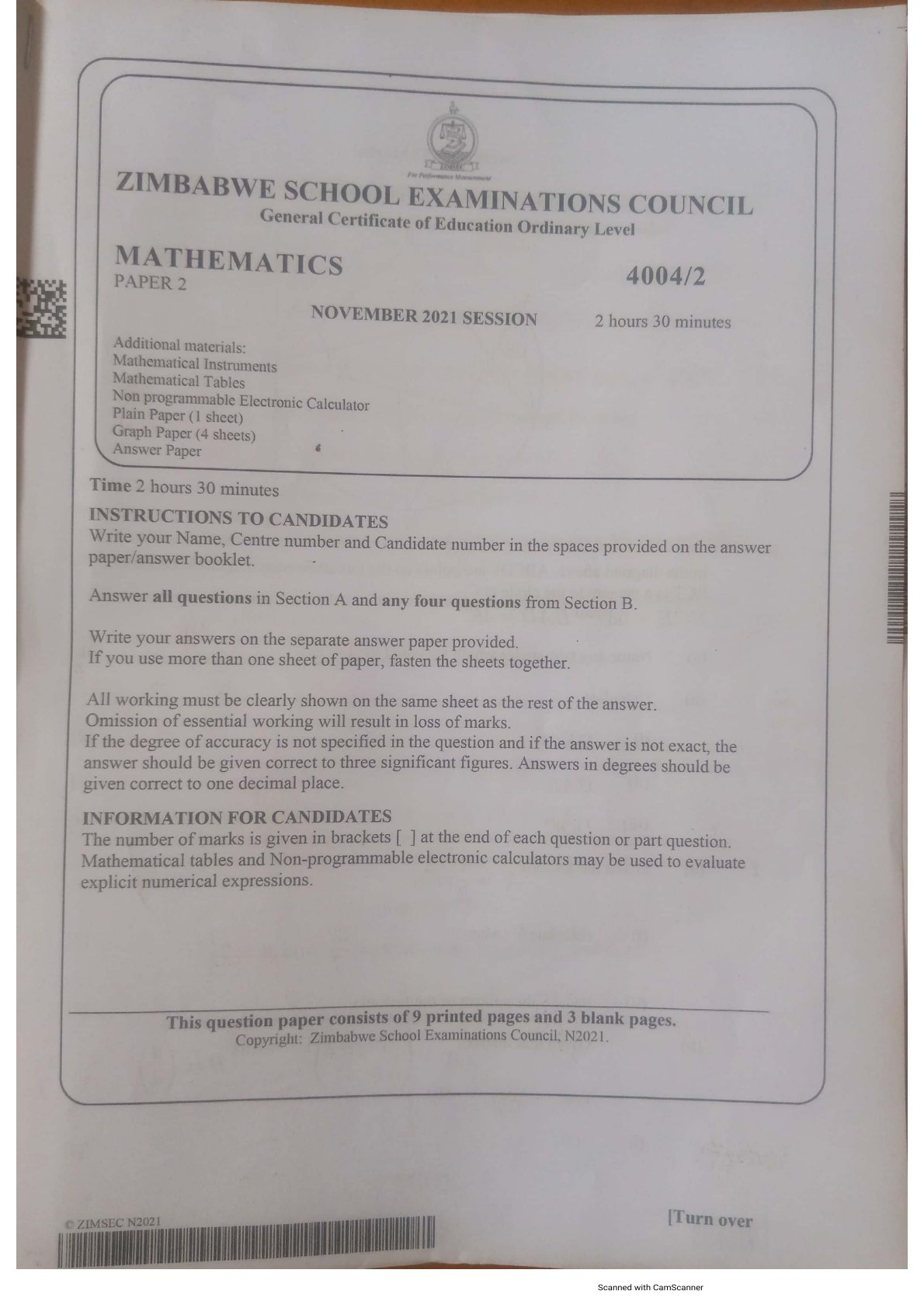 First page of ZIMSEC O-Level Mathematics Paper 2 November 2021 Question Paper