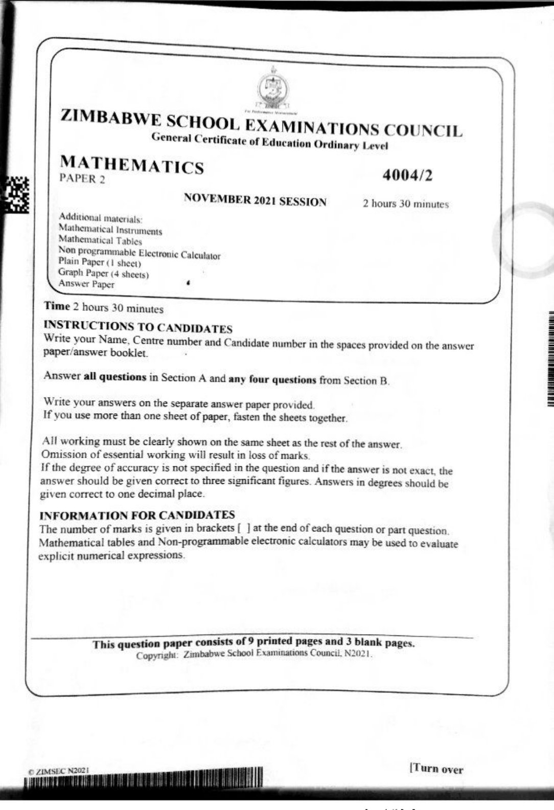 First page of ZIMSEC O-Level Mathematics Paper 2 November 2021 Question Paper